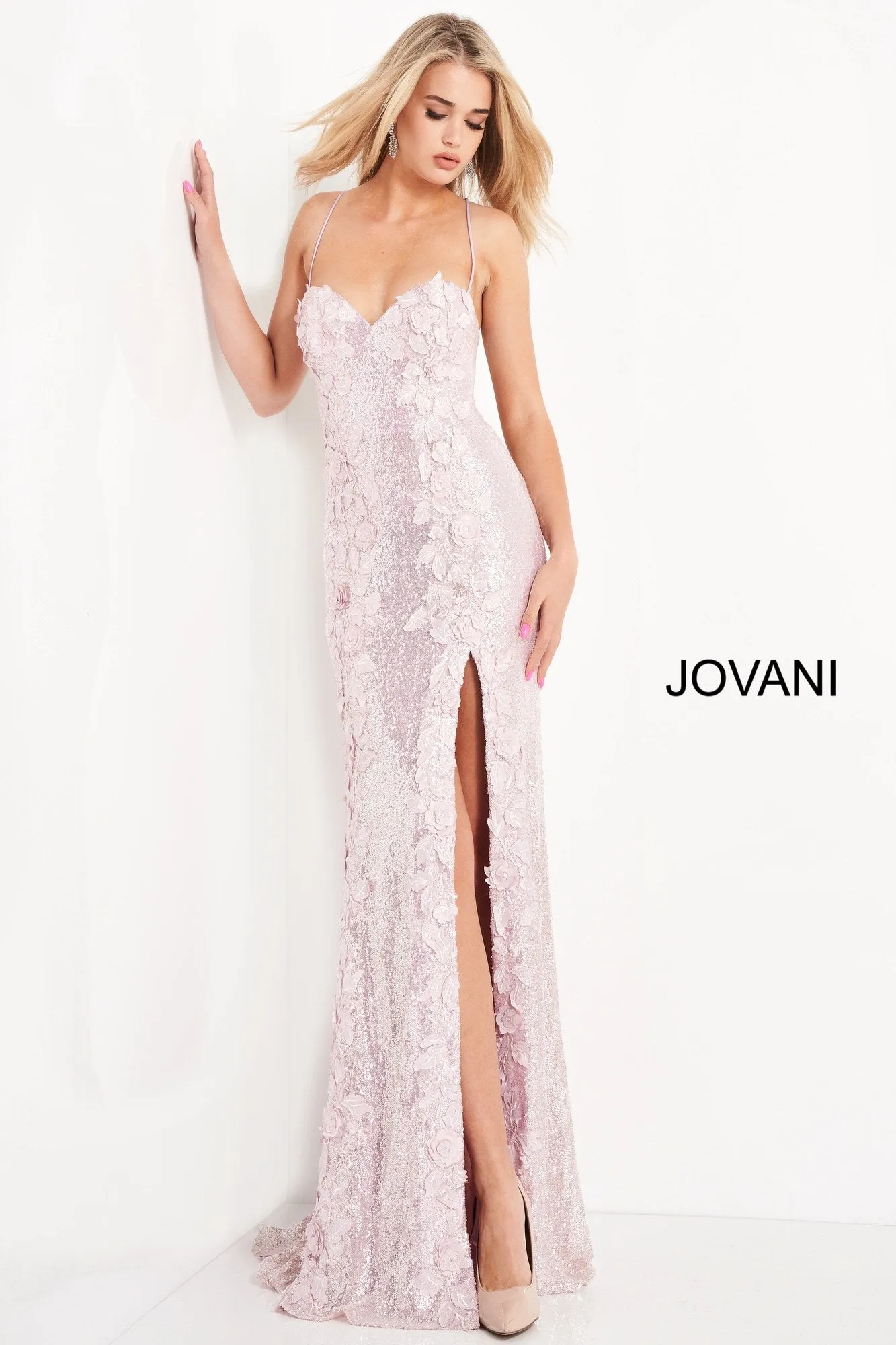 Jovani 06109 Size 8 Long Sequin Floral Applique Formal Prom Dress Slit Backless Pageant