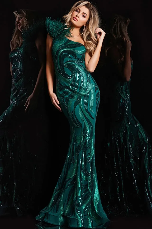 Jovani 32596 - One Shoulder Feather Embellished Gown