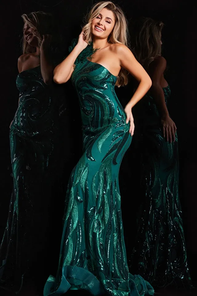 Jovani 32596 - One Shoulder Feather Embellished Gown