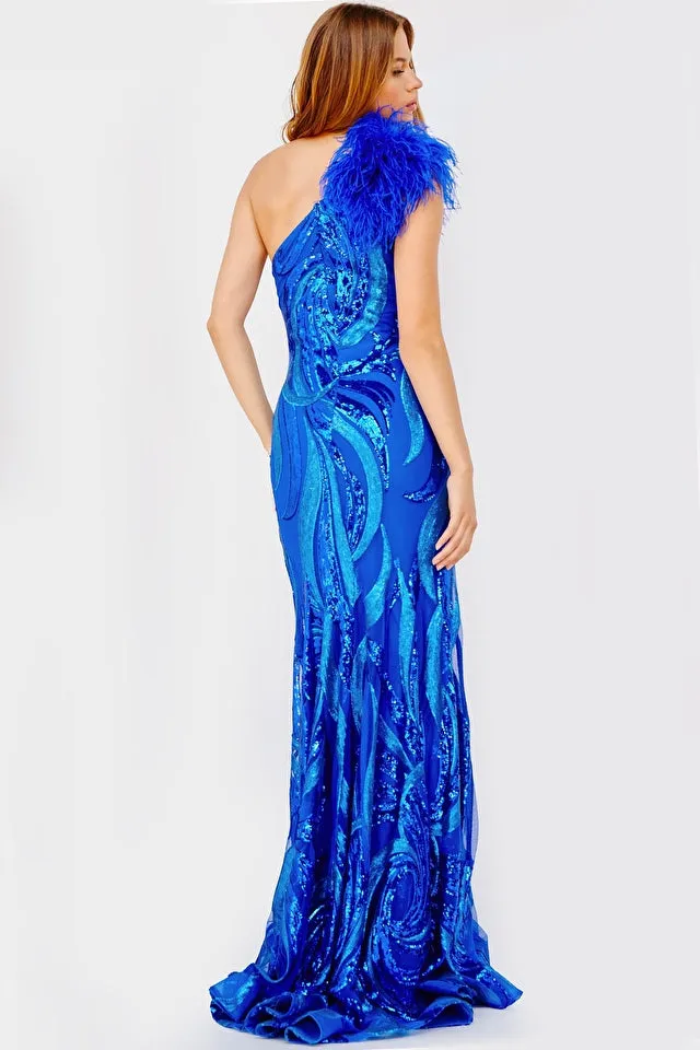 Jovani 32596 - One Shoulder Feather Embellished Gown