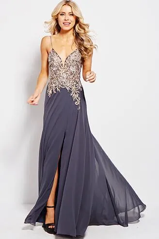 Jovani JVN 55885 Size 6 Navy v neckline flow Prom Dress Pageant Gown with slit