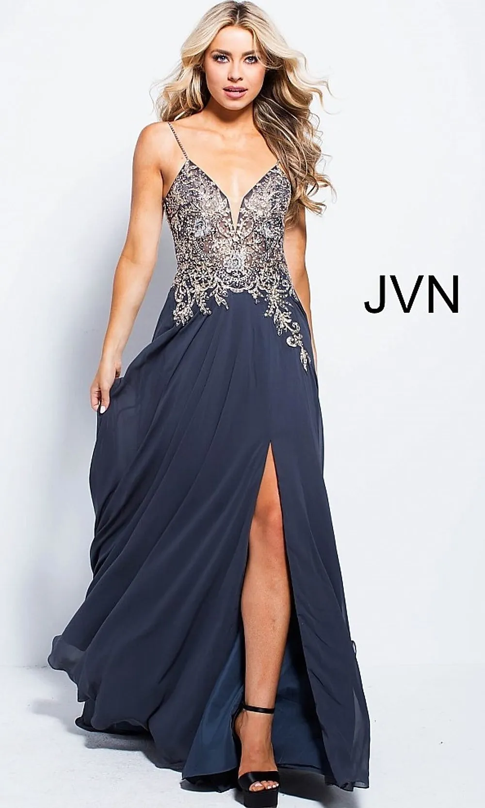 Jovani JVN 55885 Size 6 Navy v neckline flow Prom Dress Pageant Gown with slit