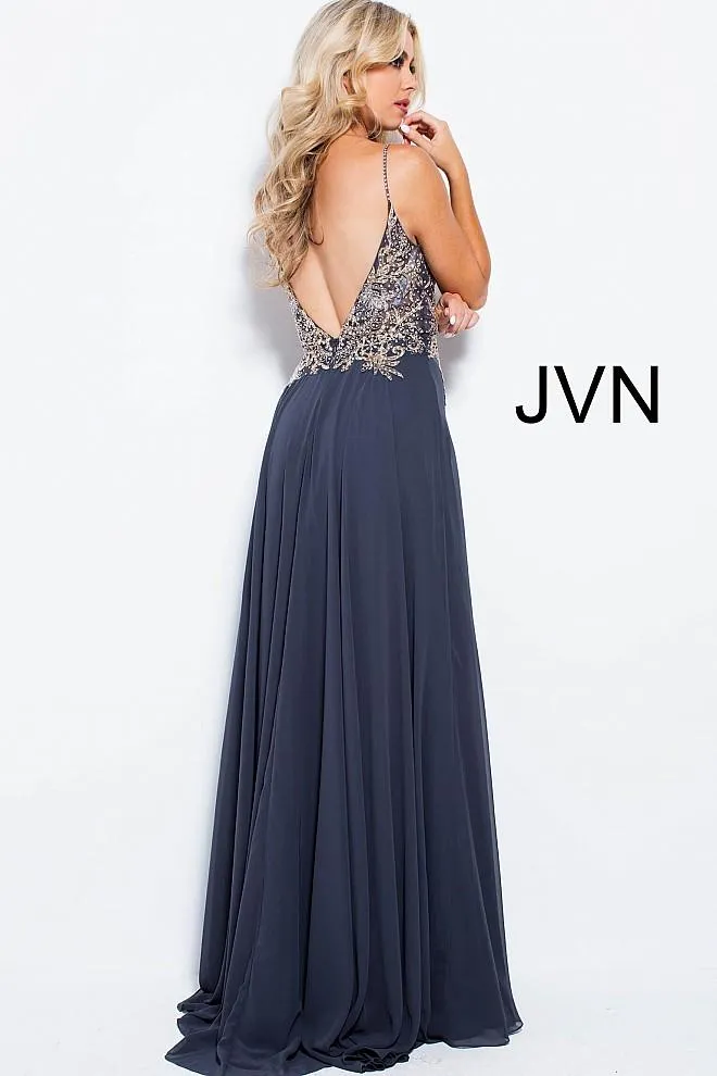 Jovani JVN 55885 Size 6 Navy v neckline flow Prom Dress Pageant Gown with slit