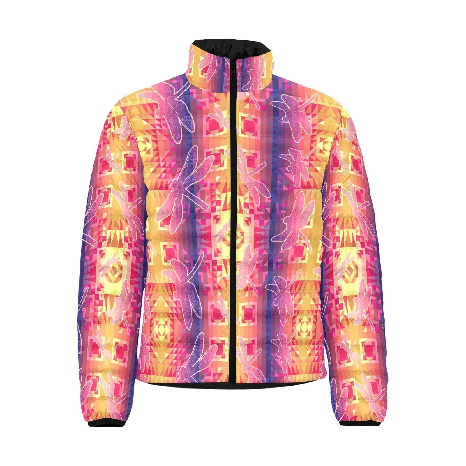 Kaleidoscope Dragonfly Men's Stand Collar Padded Jacket