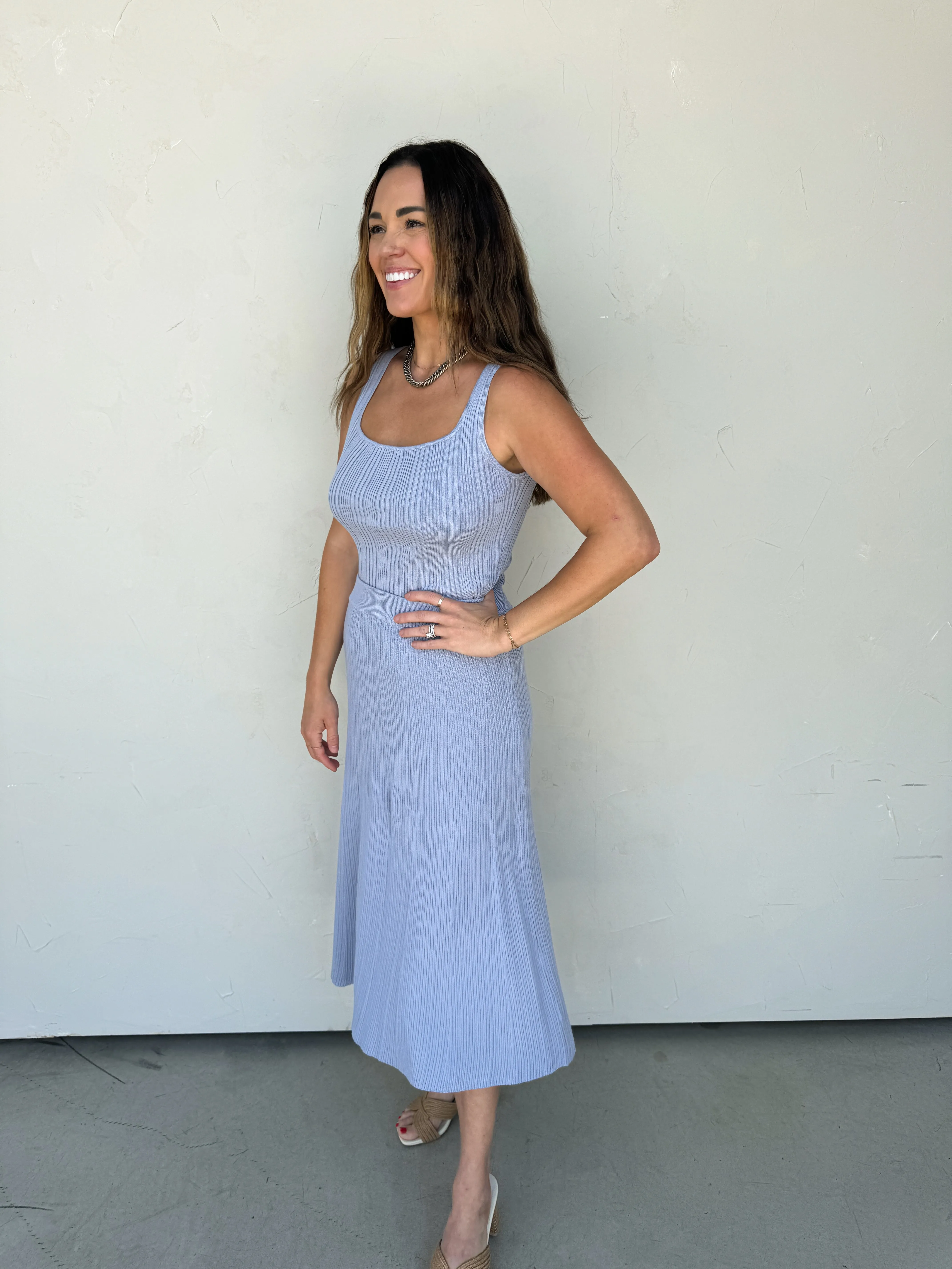 Lavender Blue Textured Knit Tank and Midi Skirt Set