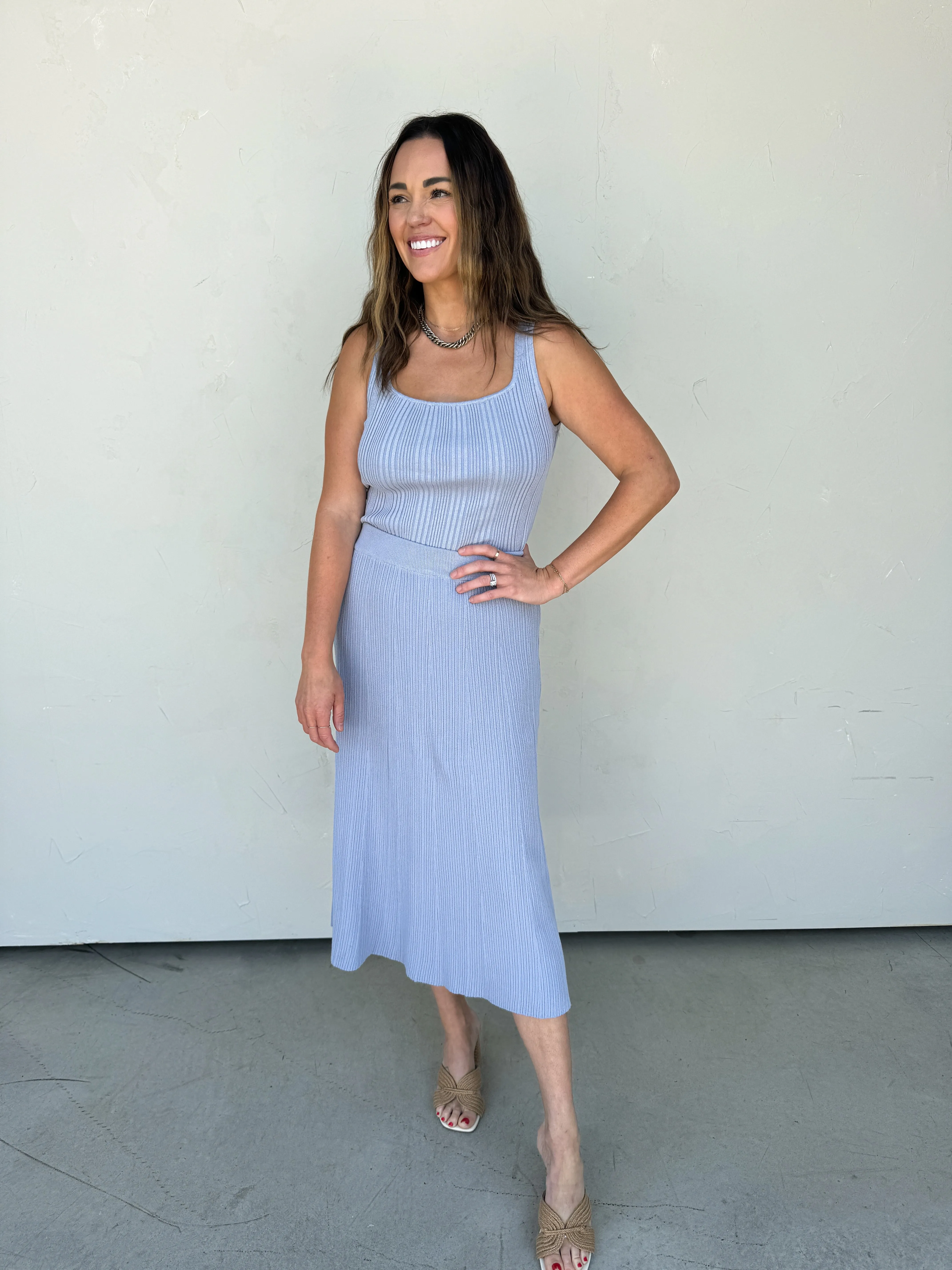 Lavender Blue Textured Knit Tank and Midi Skirt Set