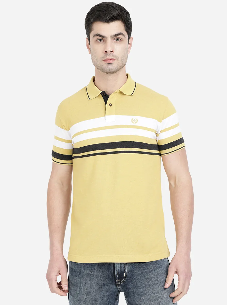 Light Mustard Yellow Striped Slim Fit Polo T-Shirt | Greenfibre