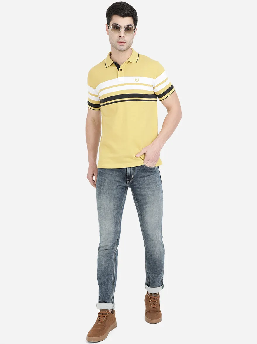 Light Mustard Yellow Striped Slim Fit Polo T-Shirt | Greenfibre