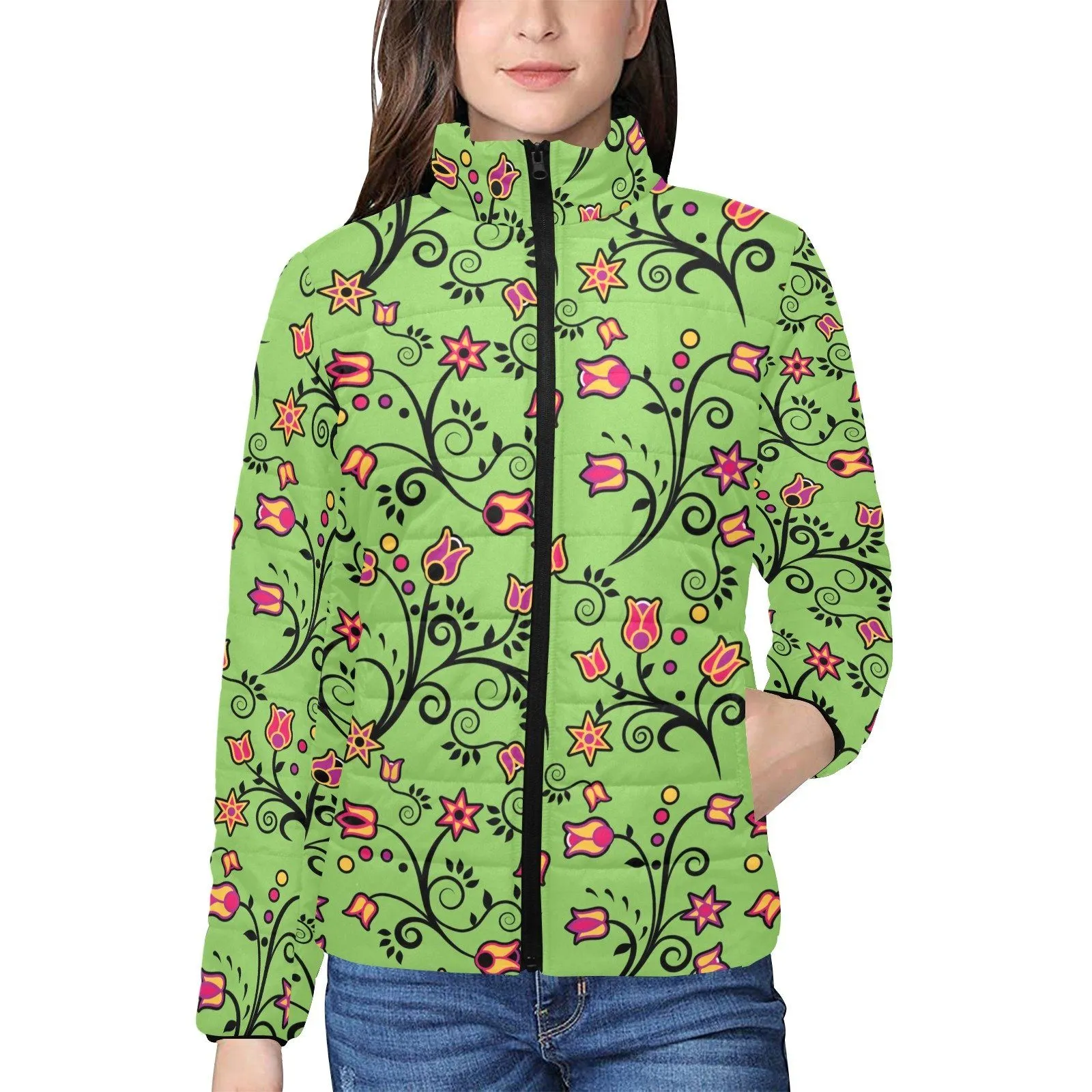 LightGreen Yellow Star Women's Stand Collar Padded Jacket