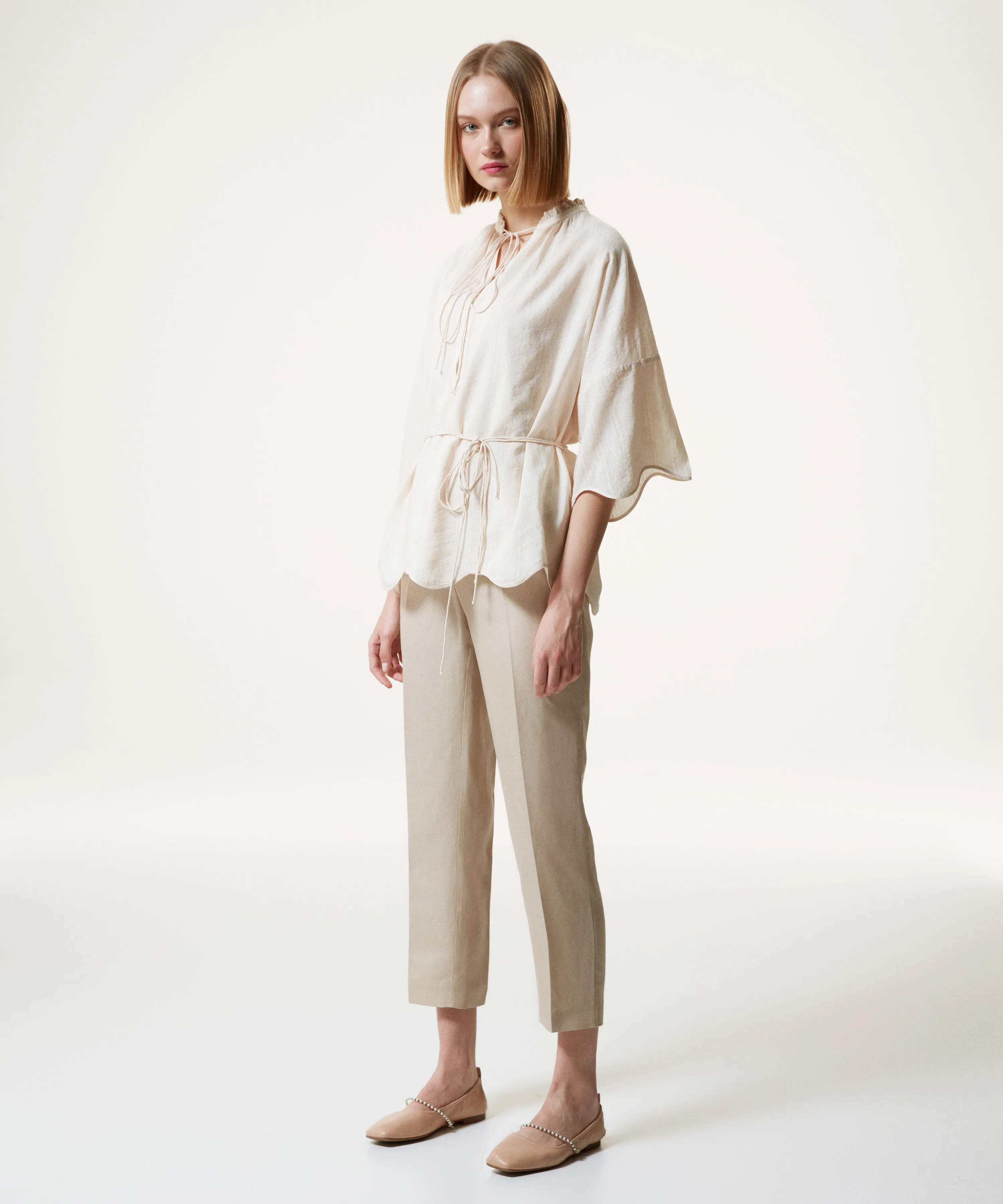 Machka Collar Tie Detail Jacquard Blouse Off White