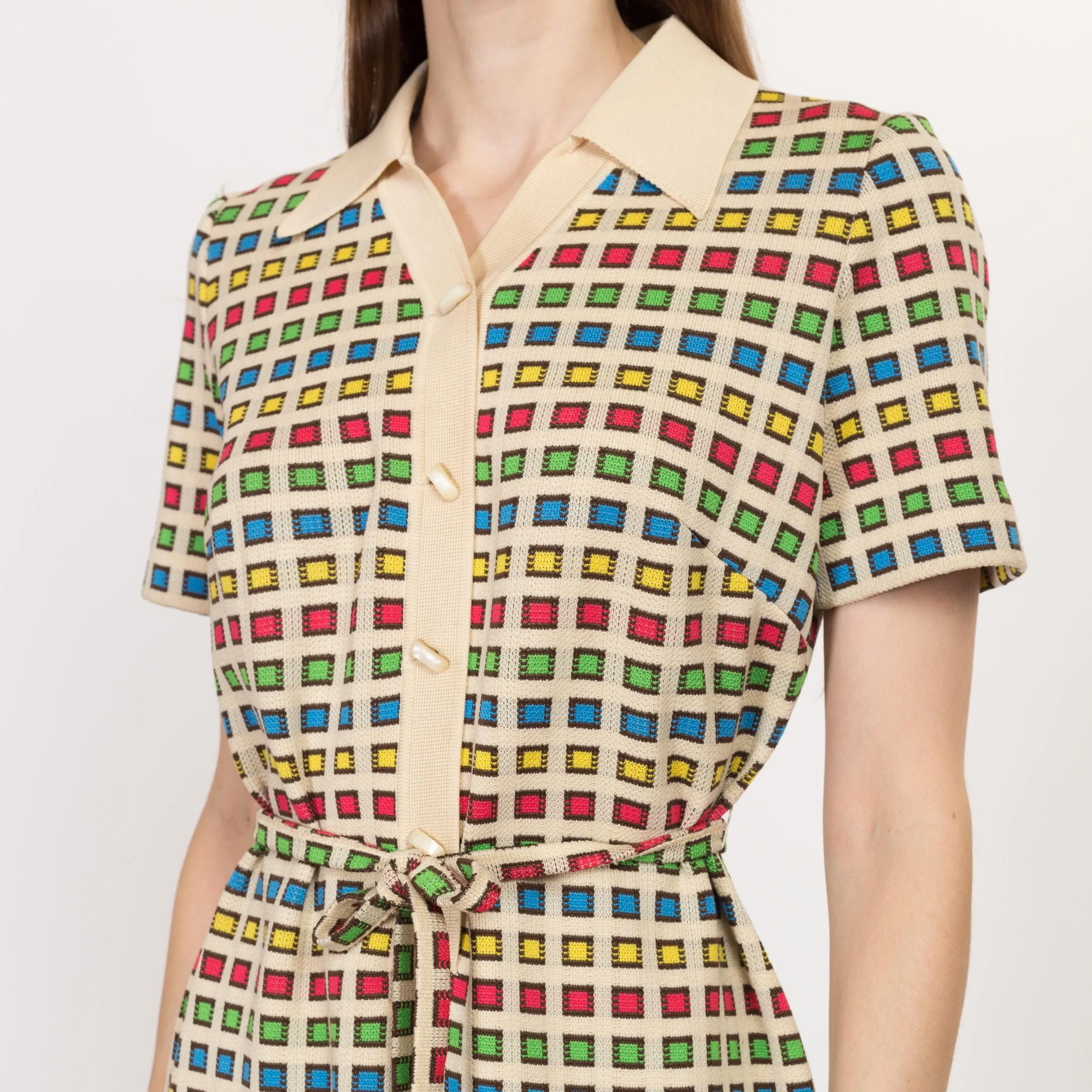 Medium 70s Primary Color Grid Knit Shirtdress