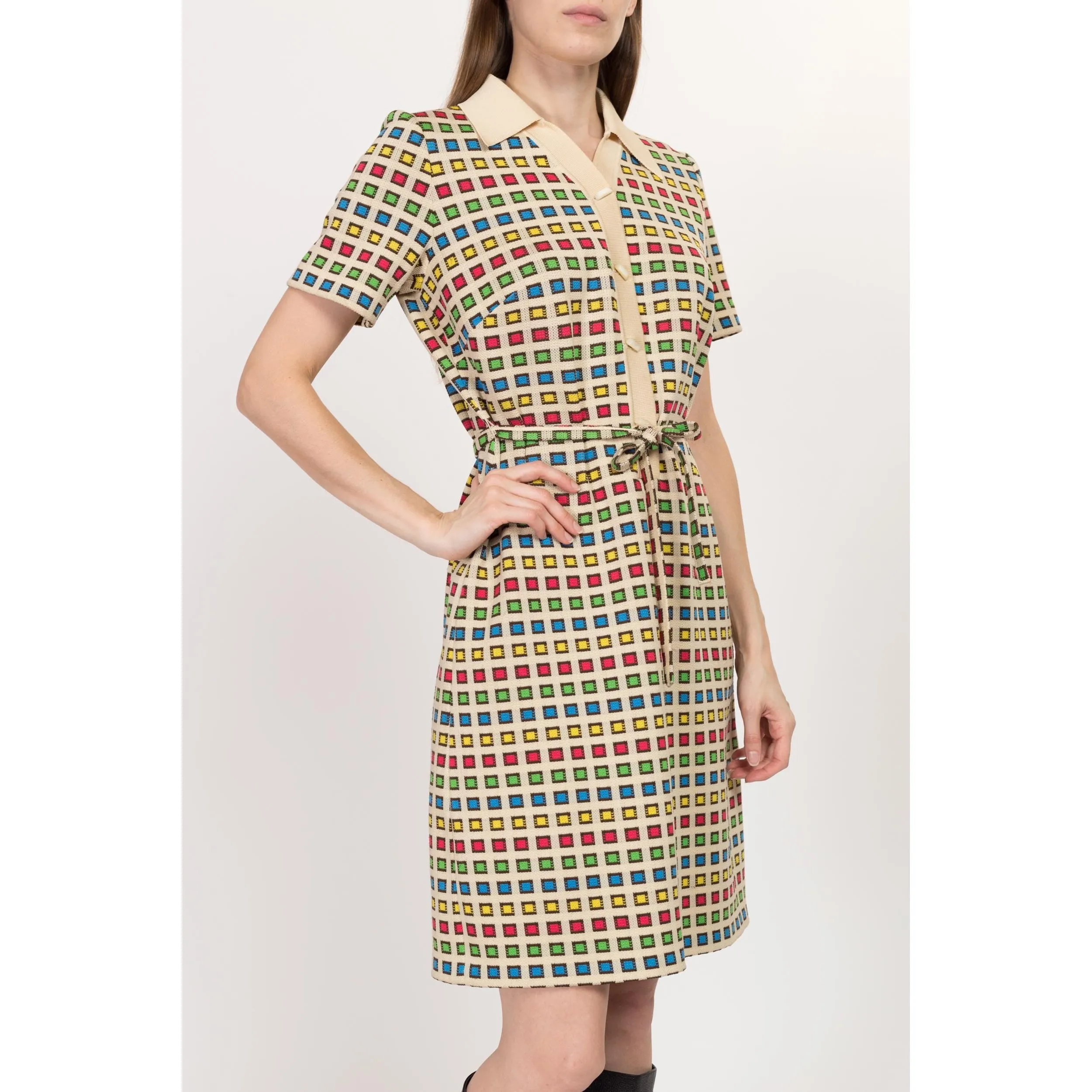 Medium 70s Primary Color Grid Knit Shirtdress