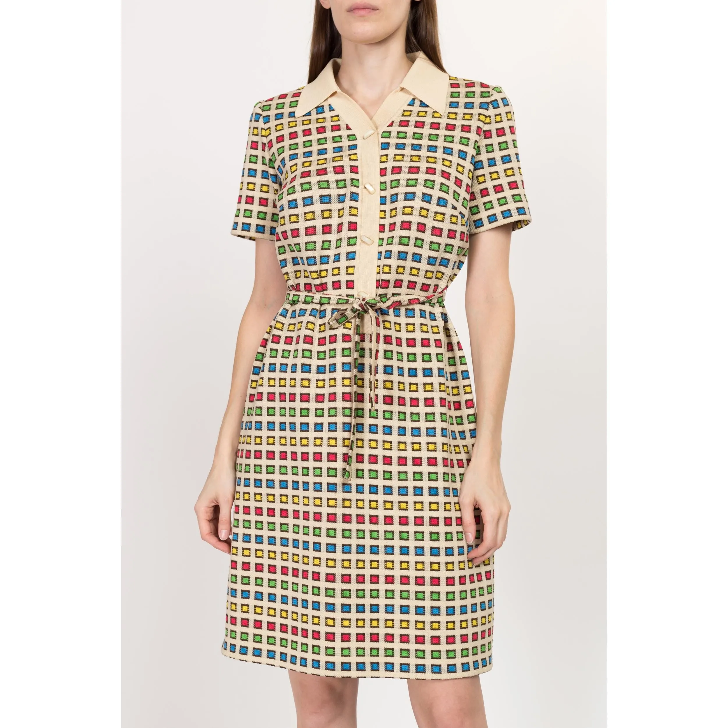 Medium 70s Primary Color Grid Knit Shirtdress