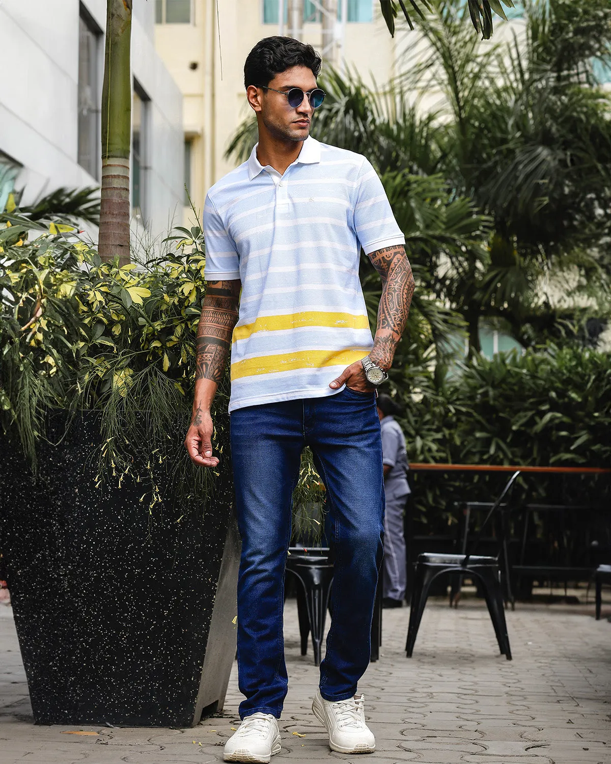 Men's Blue & Yellow Pure Cotton Stripped Polo Neck Tshirt