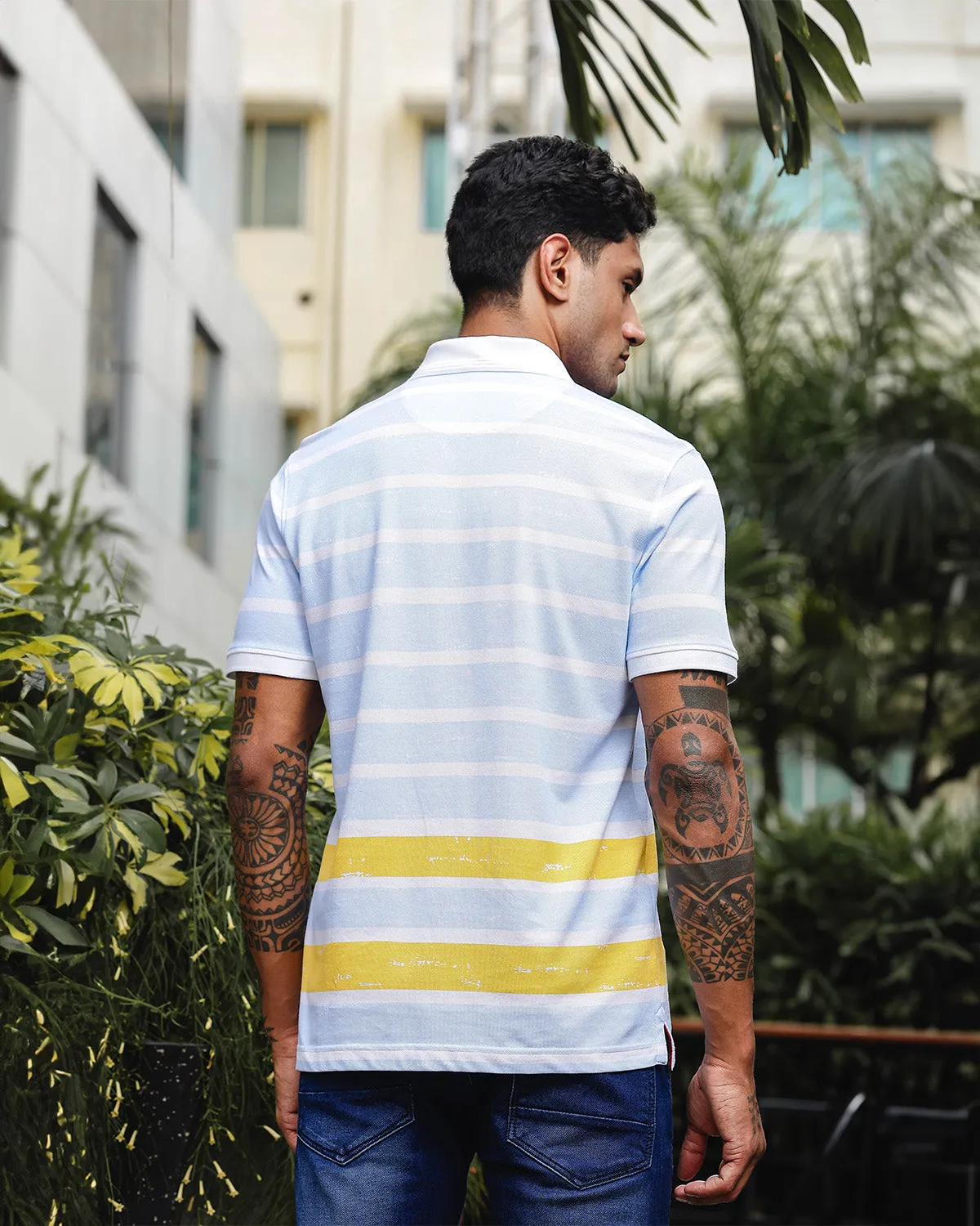 Men's Blue & Yellow Pure Cotton Stripped Polo Neck Tshirt