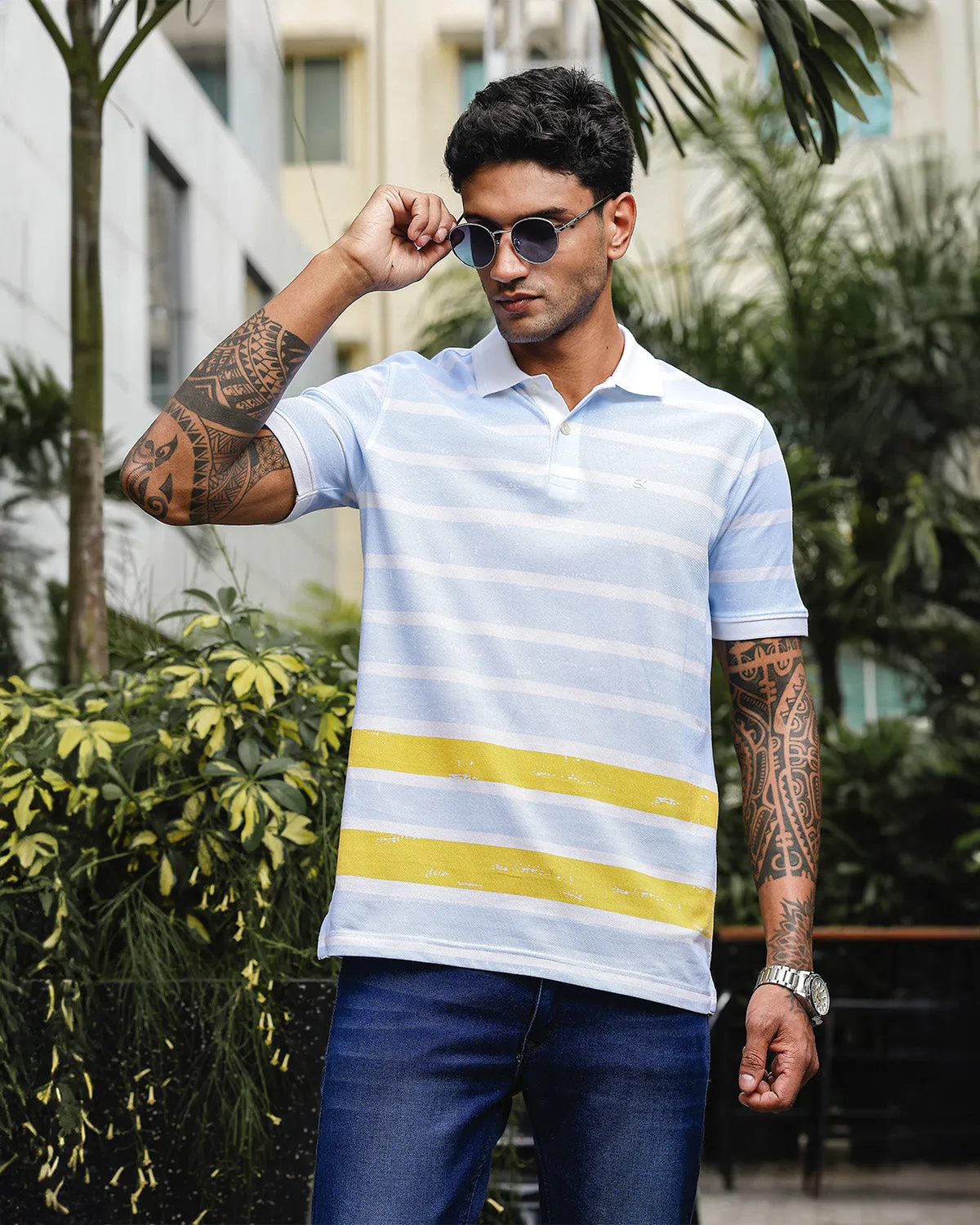 Men's Blue & Yellow Pure Cotton Stripped Polo Neck Tshirt