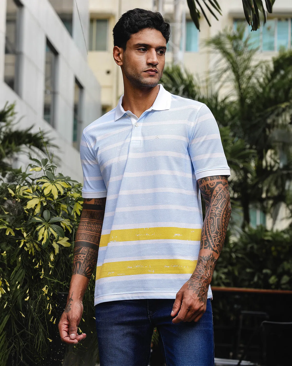 Men's Blue & Yellow Pure Cotton Stripped Polo Neck Tshirt