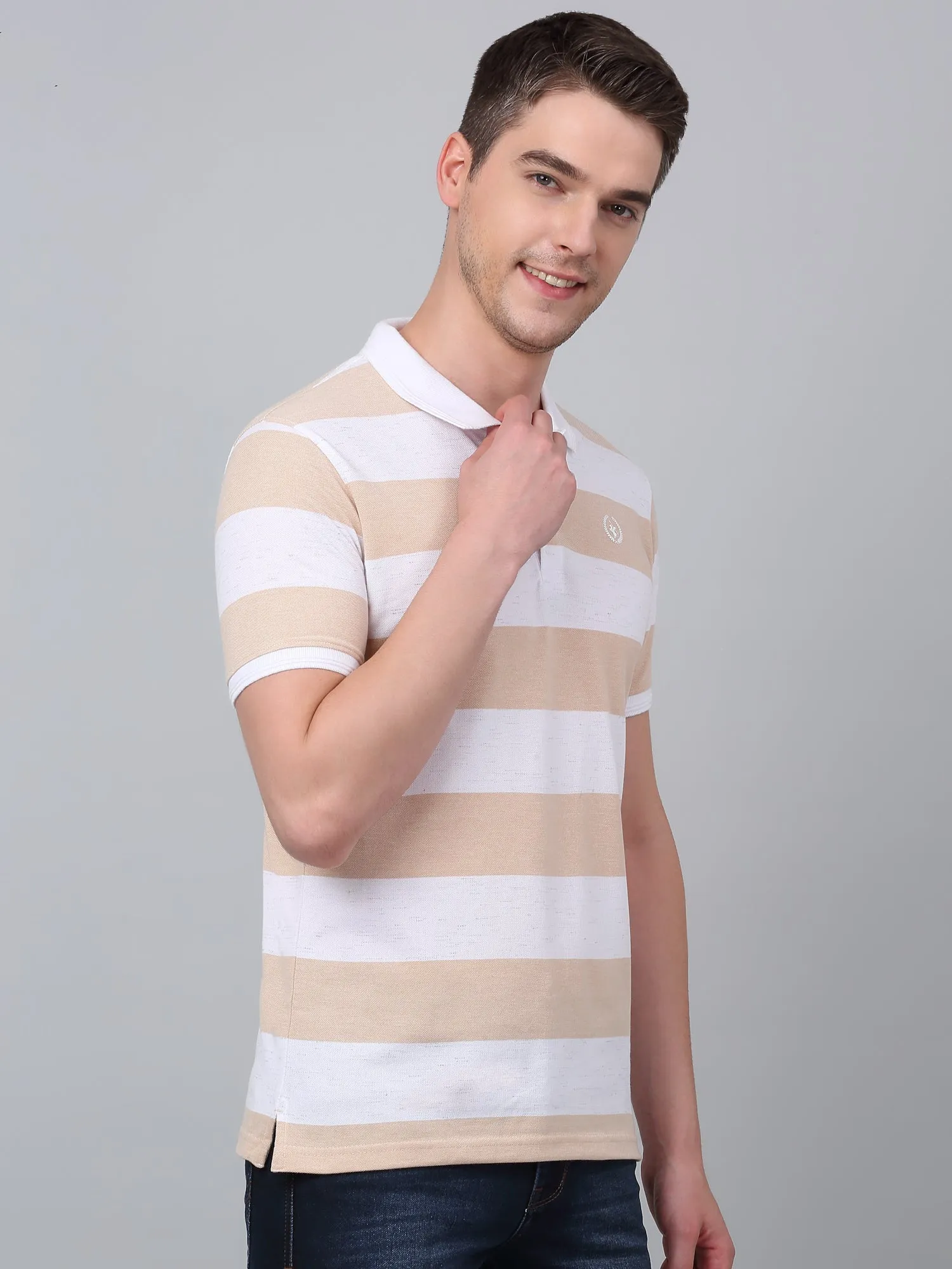 Men's Brown Striped Polo Neck T-shirt