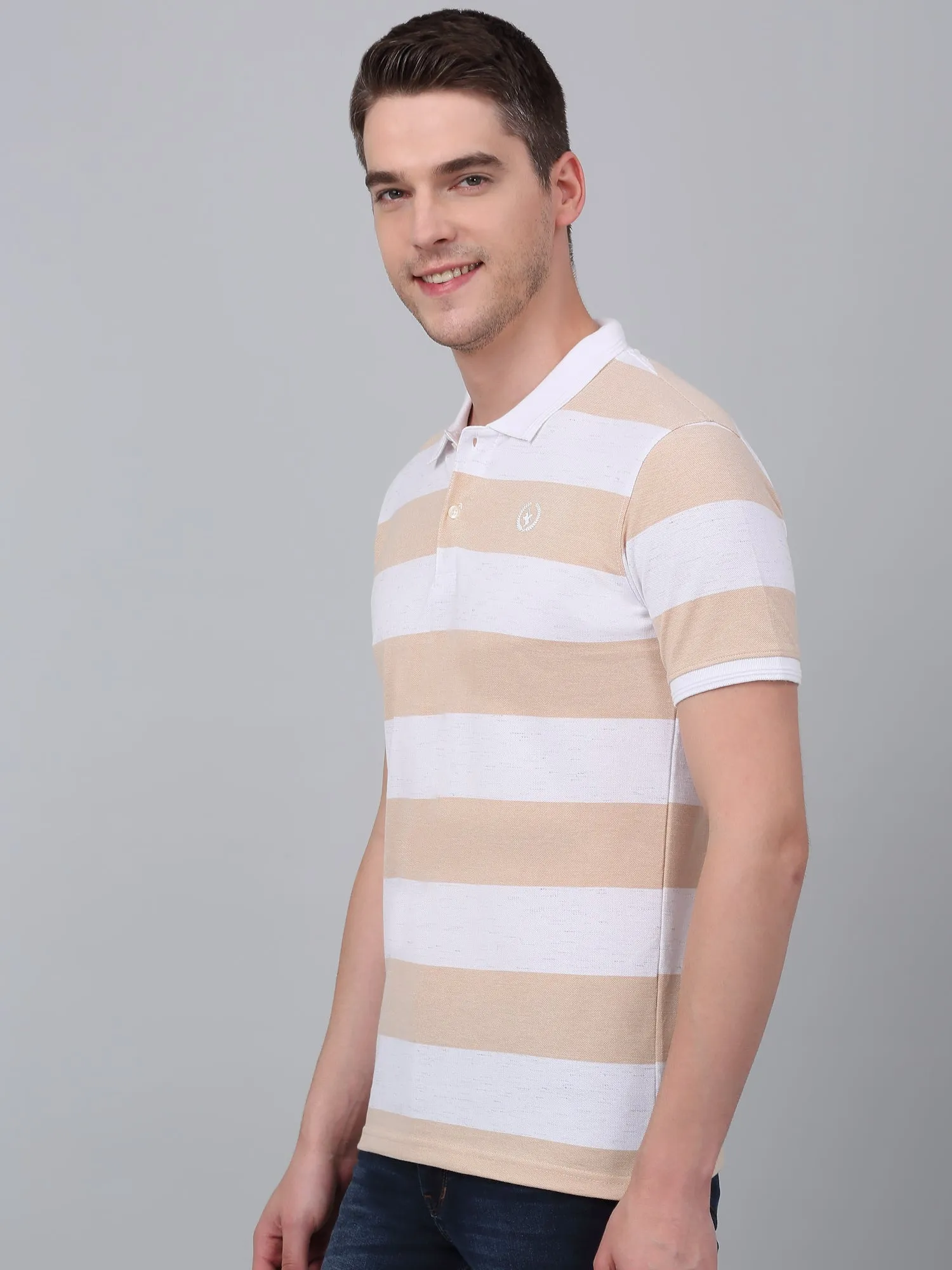 Men's Brown Striped Polo Neck T-shirt