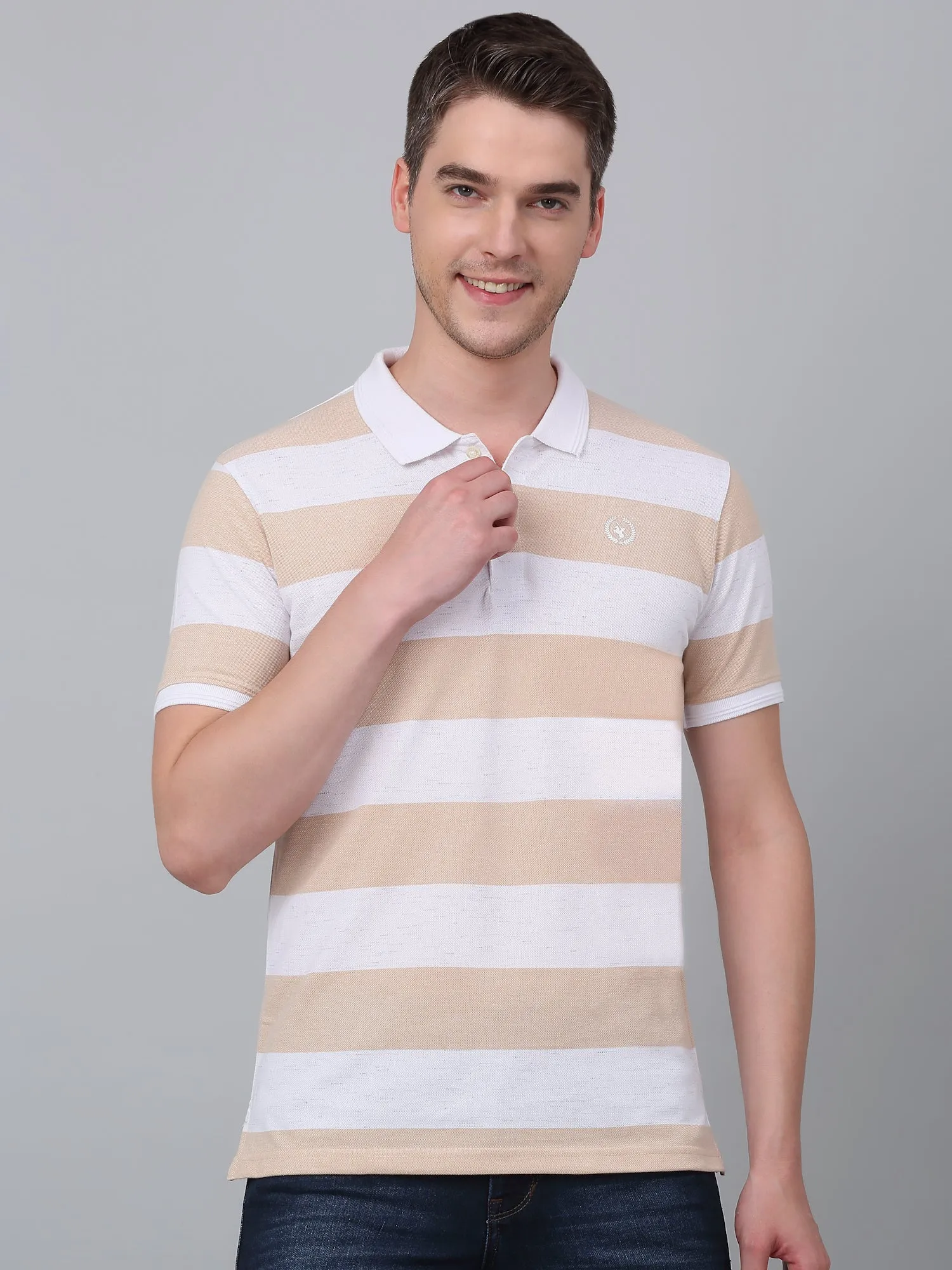 Men's Brown Striped Polo Neck T-shirt