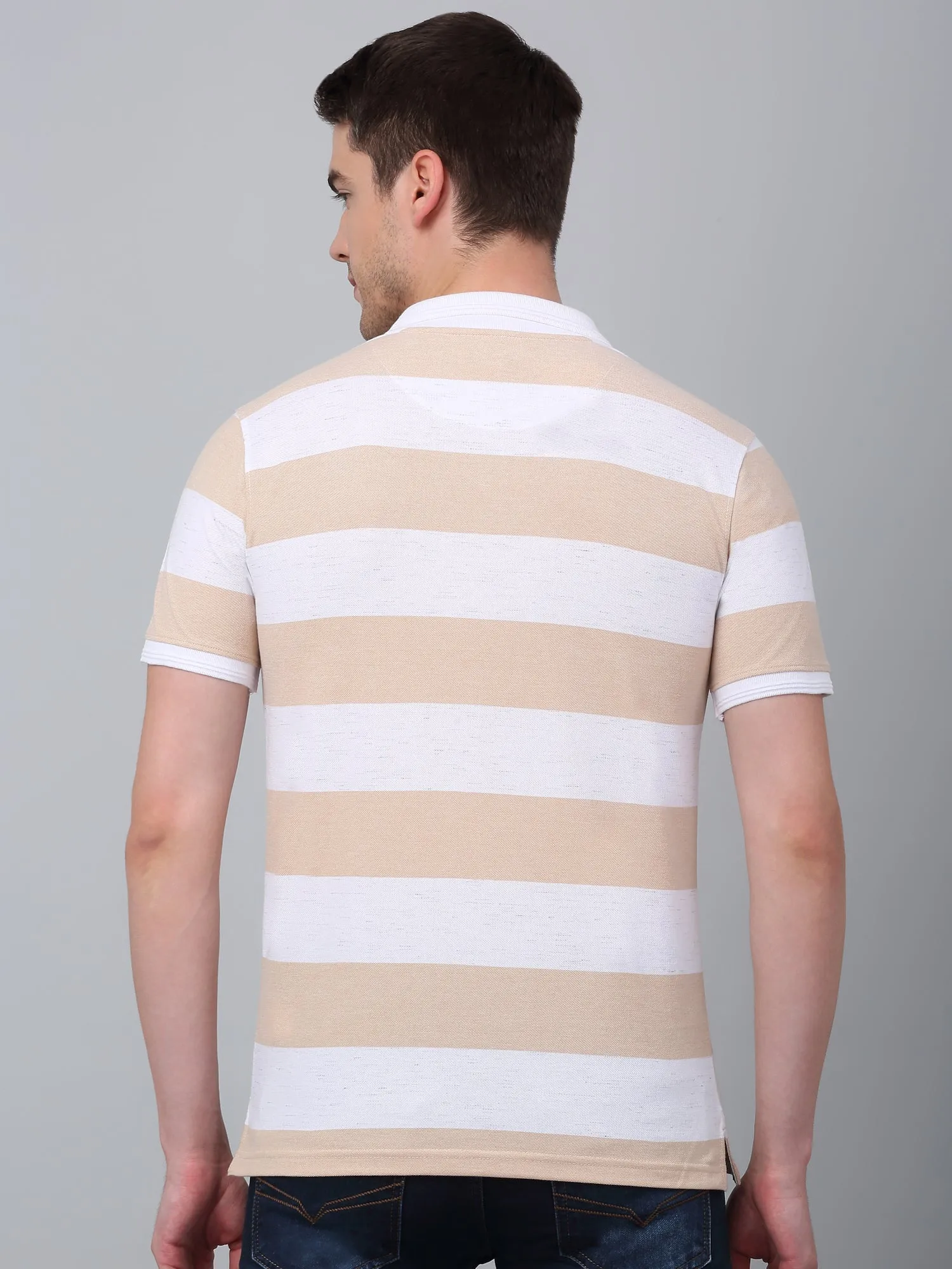 Men's Brown Striped Polo Neck T-shirt