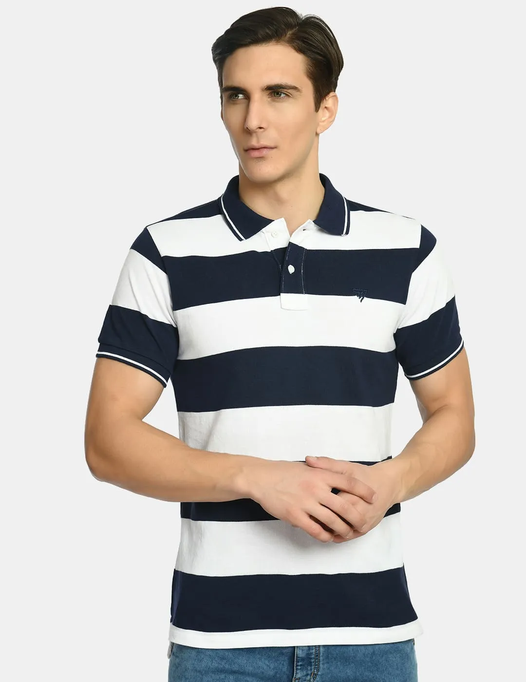 Men's Striped Nevy White Polo T-Shirt