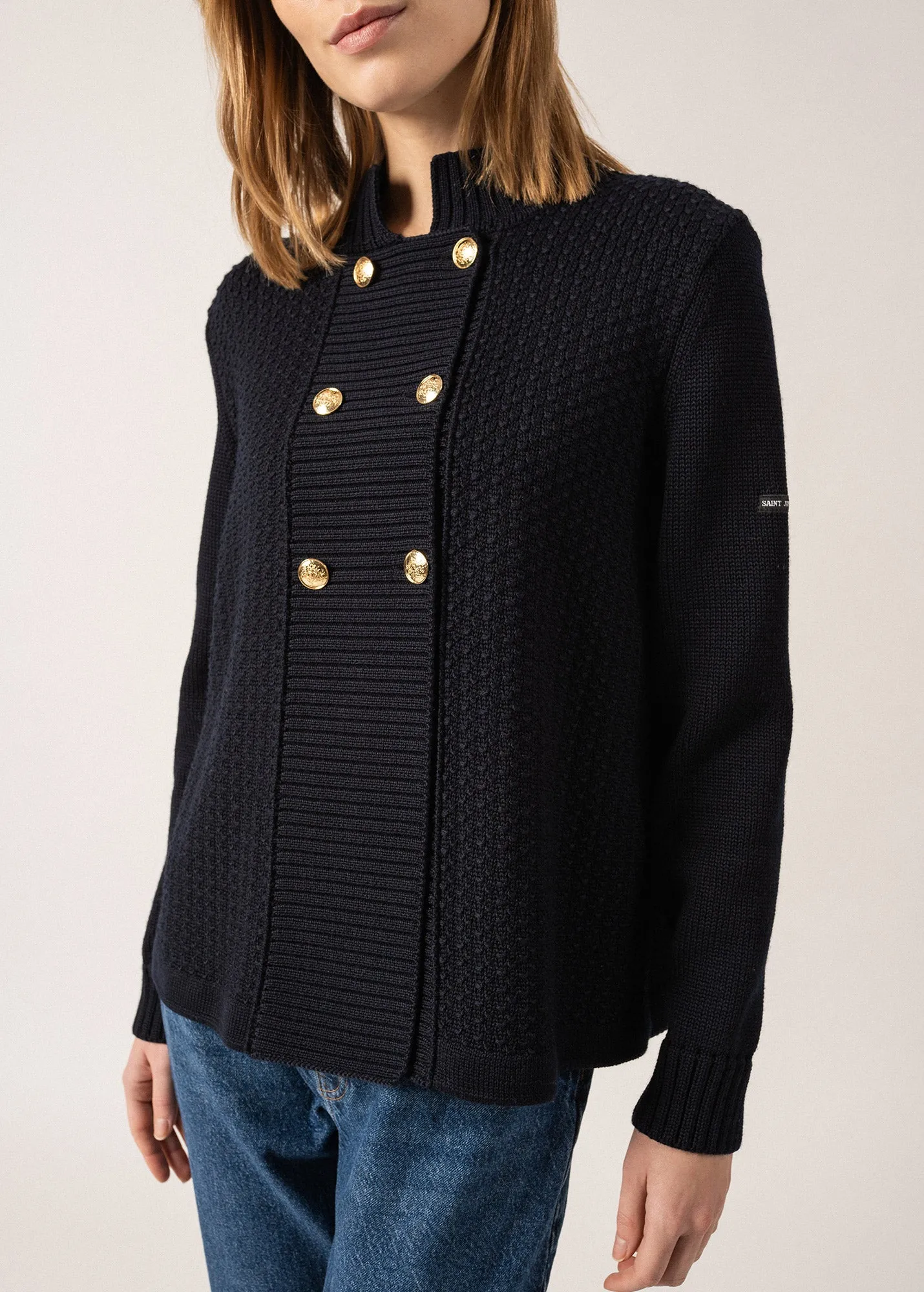 Méribel Fancy Knit Jacket - with high neck and golden buttons (NAVY)