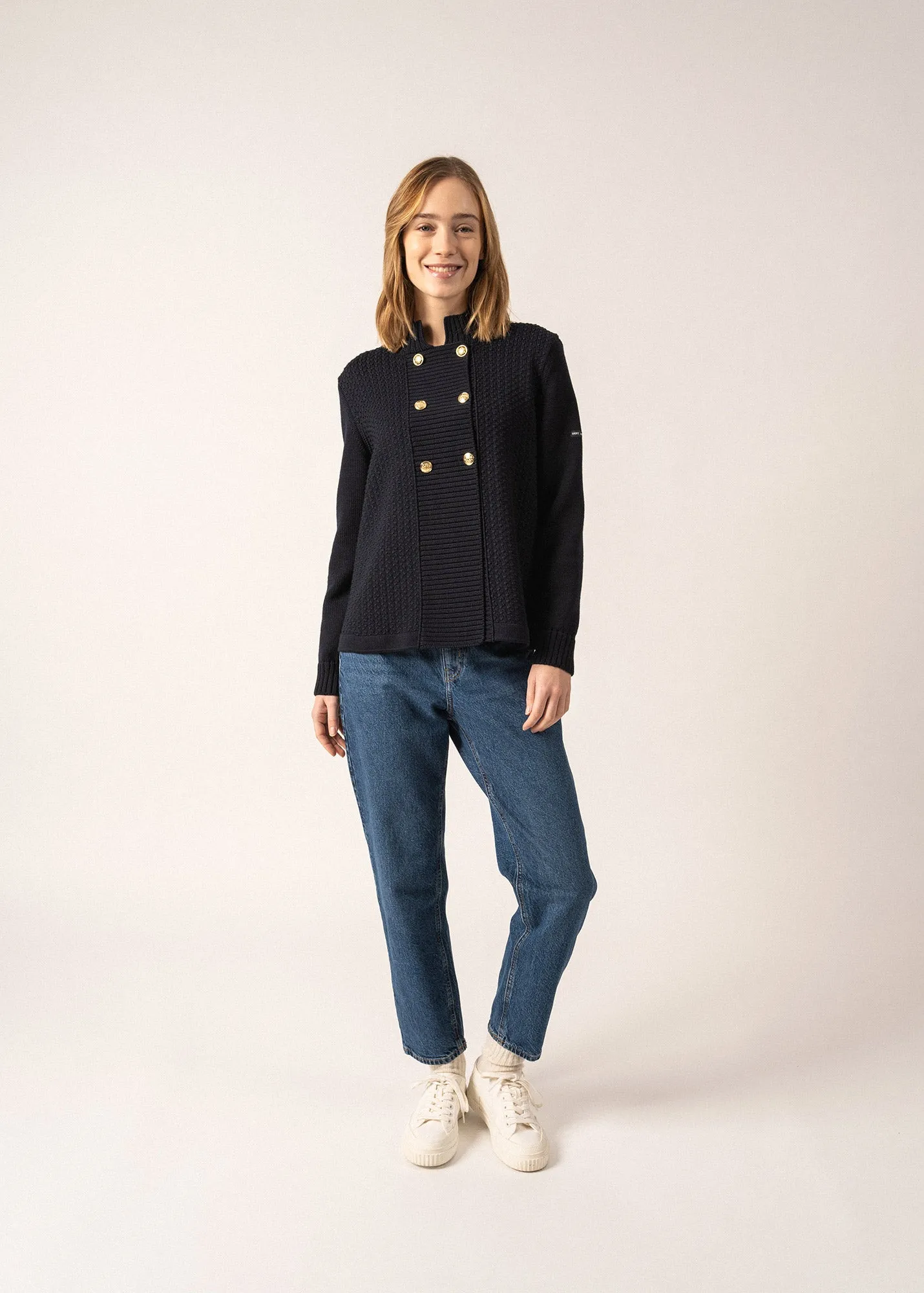 Méribel Fancy Knit Jacket - with high neck and golden buttons (NAVY)