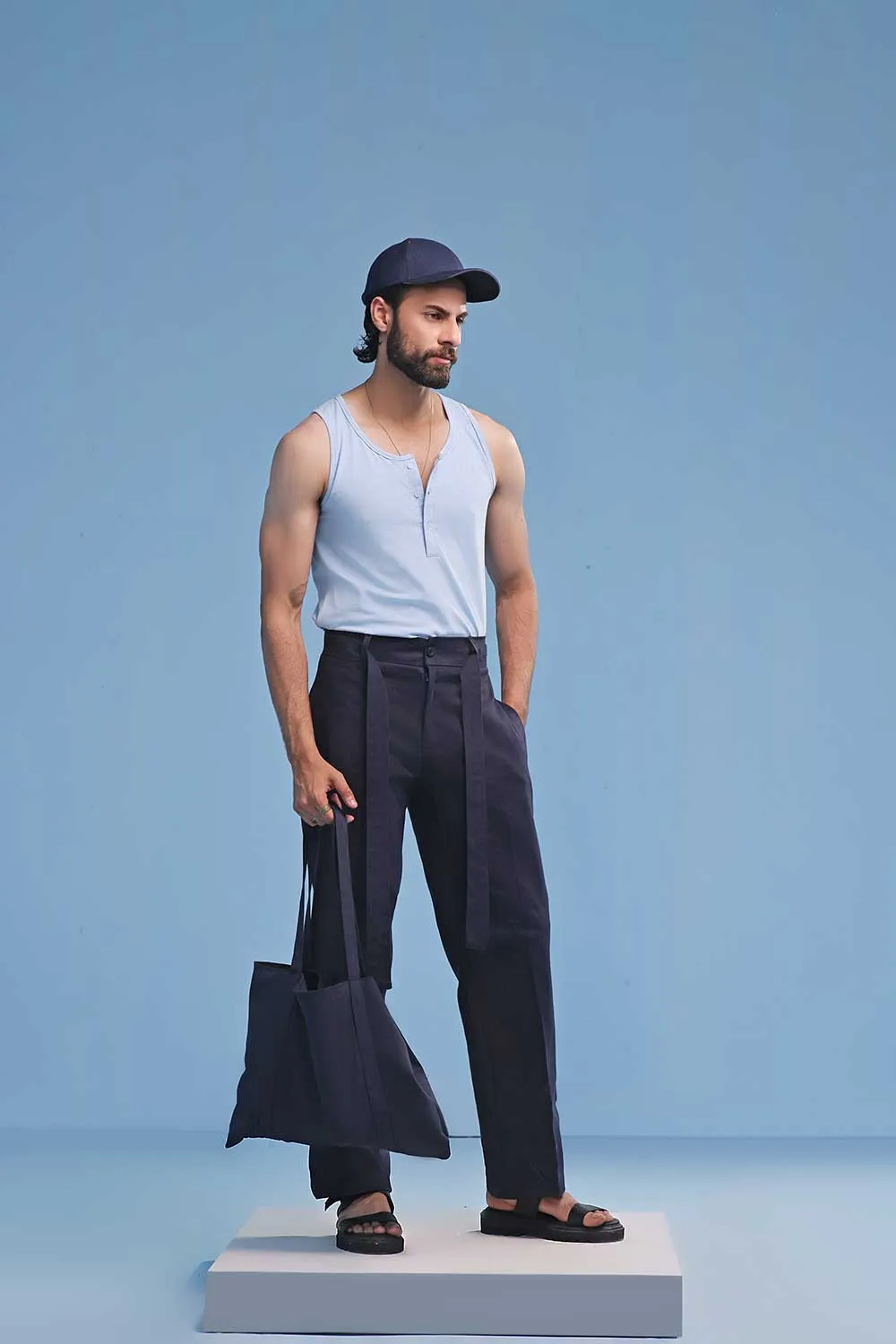 Navy Blue Wide Leg Chino with Removable Belt