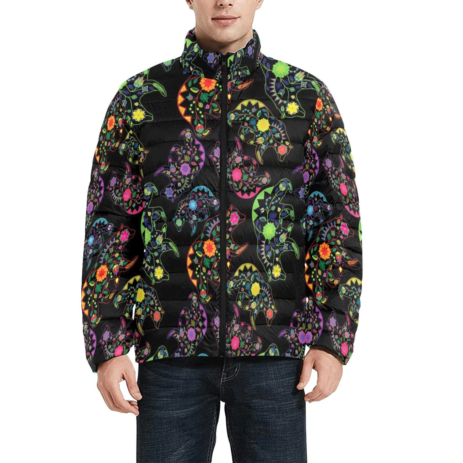 Neon Floral Bears Men's Stand Collar Padded Jacket