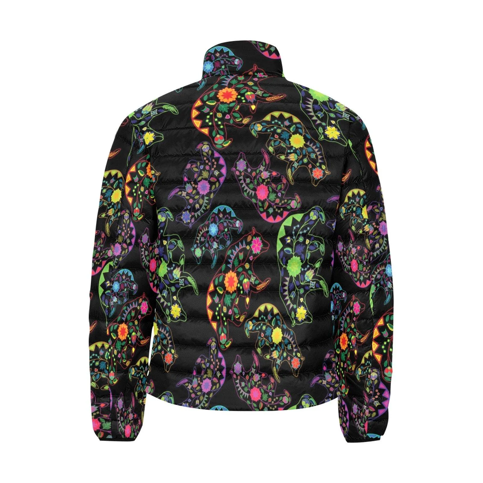 Neon Floral Bears Men's Stand Collar Padded Jacket