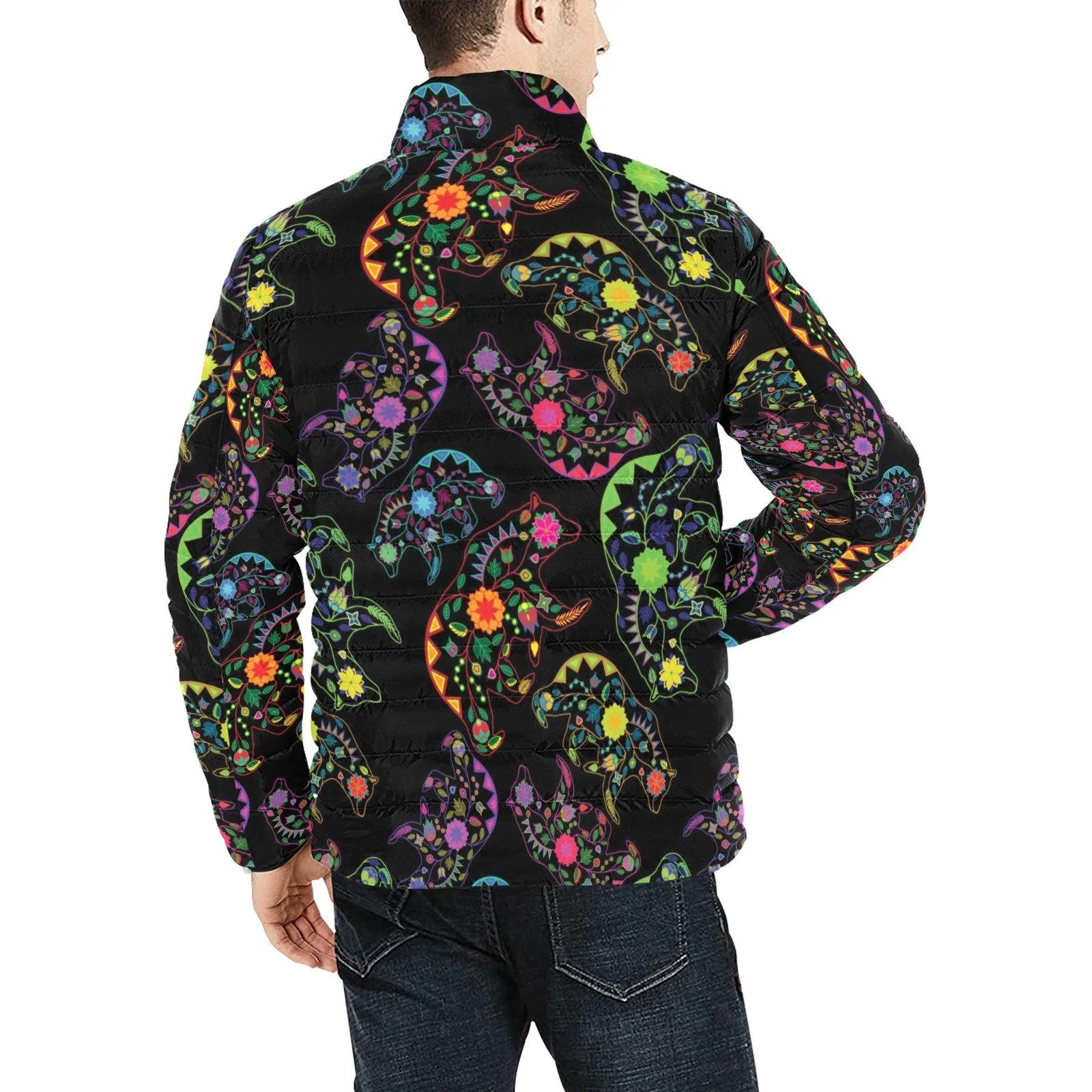 Neon Floral Bears Men's Stand Collar Padded Jacket