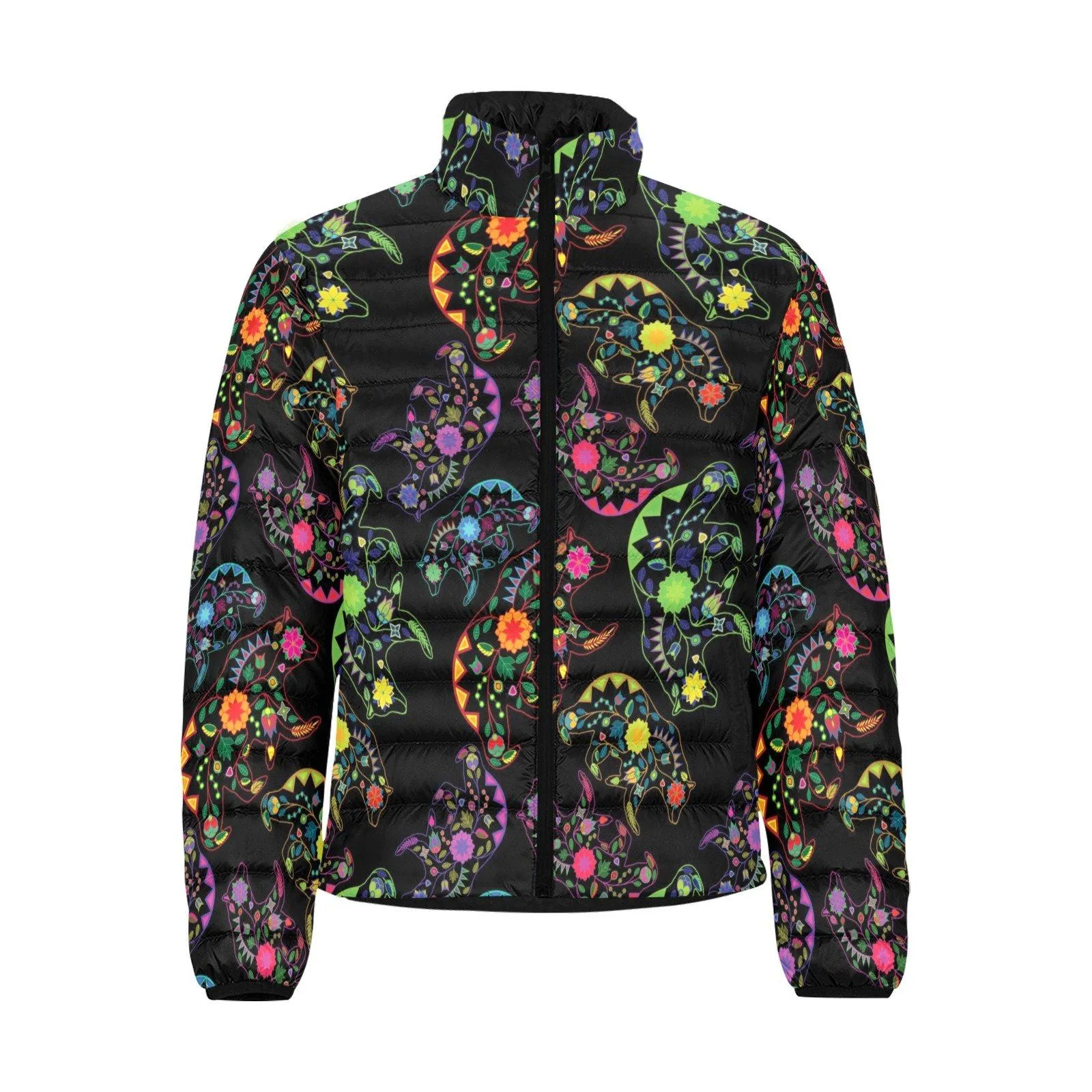 Neon Floral Bears Men's Stand Collar Padded Jacket