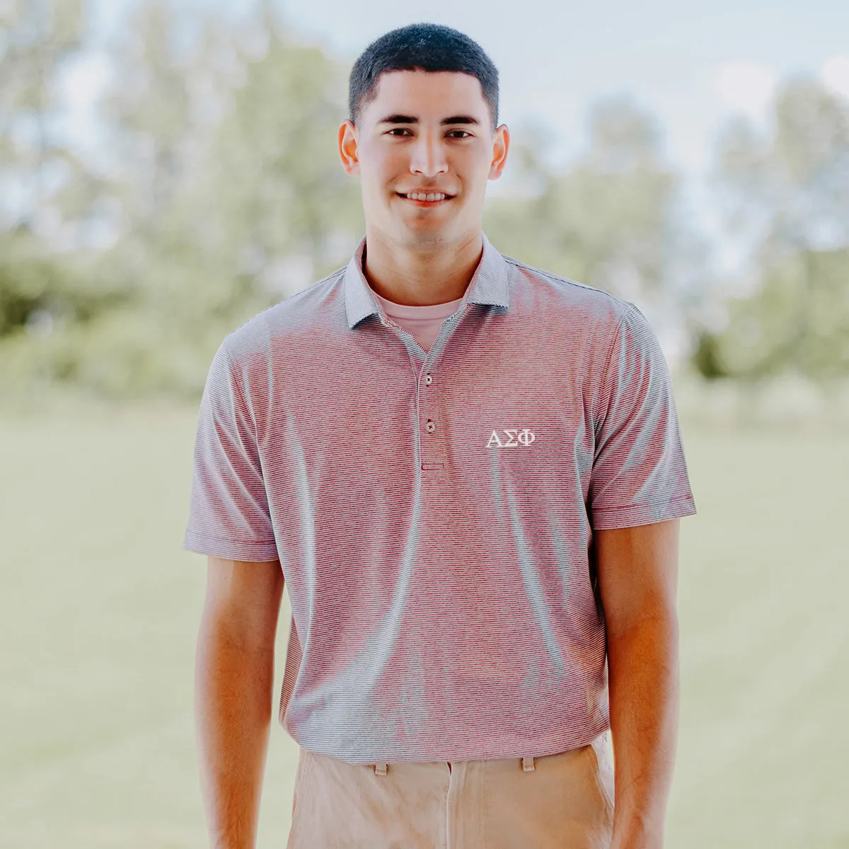 New! Alpha Sig Johnnie-O Striped Polo