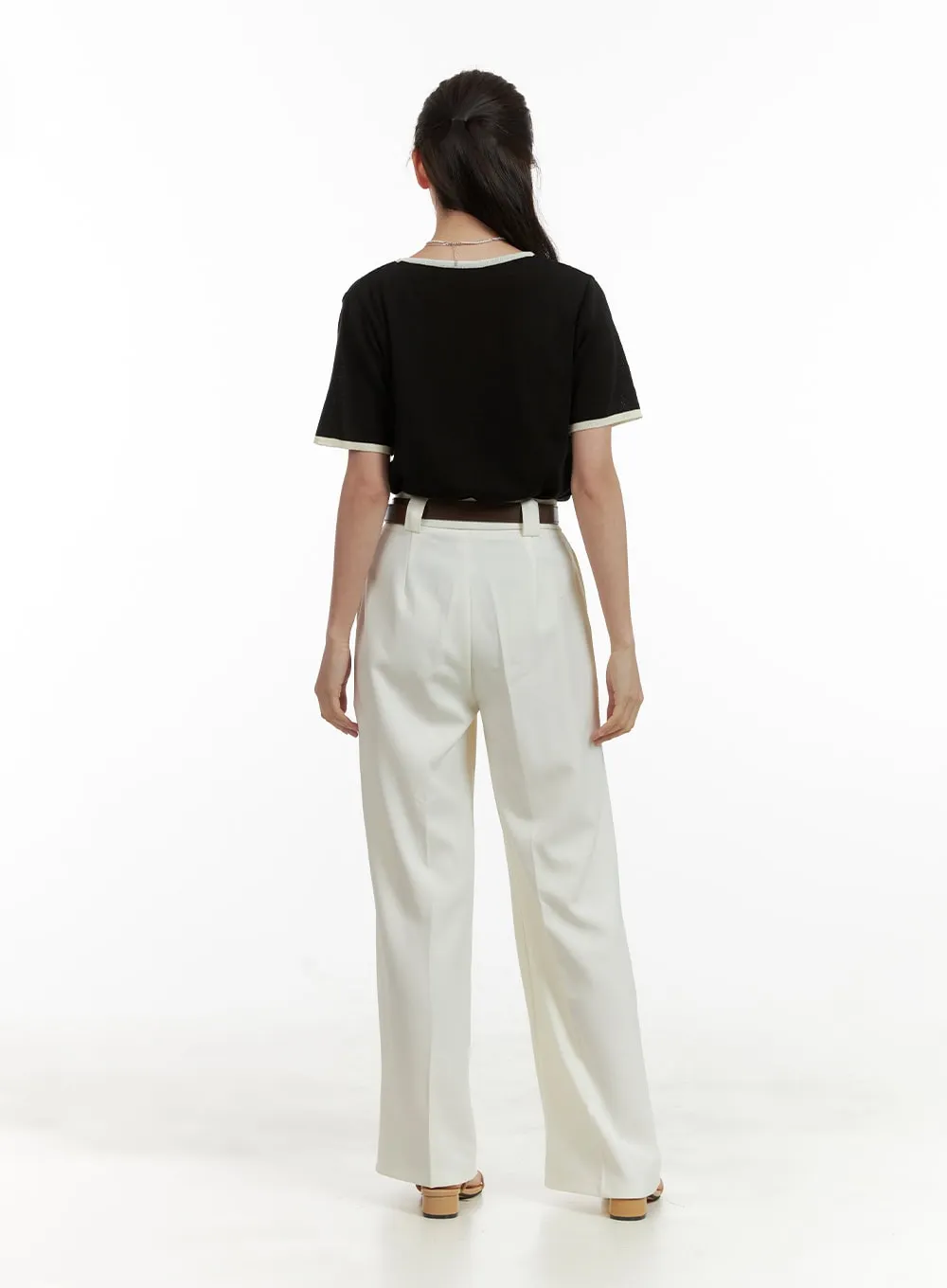 Pintuck Belted Wide Leg Tailored Pants OU411