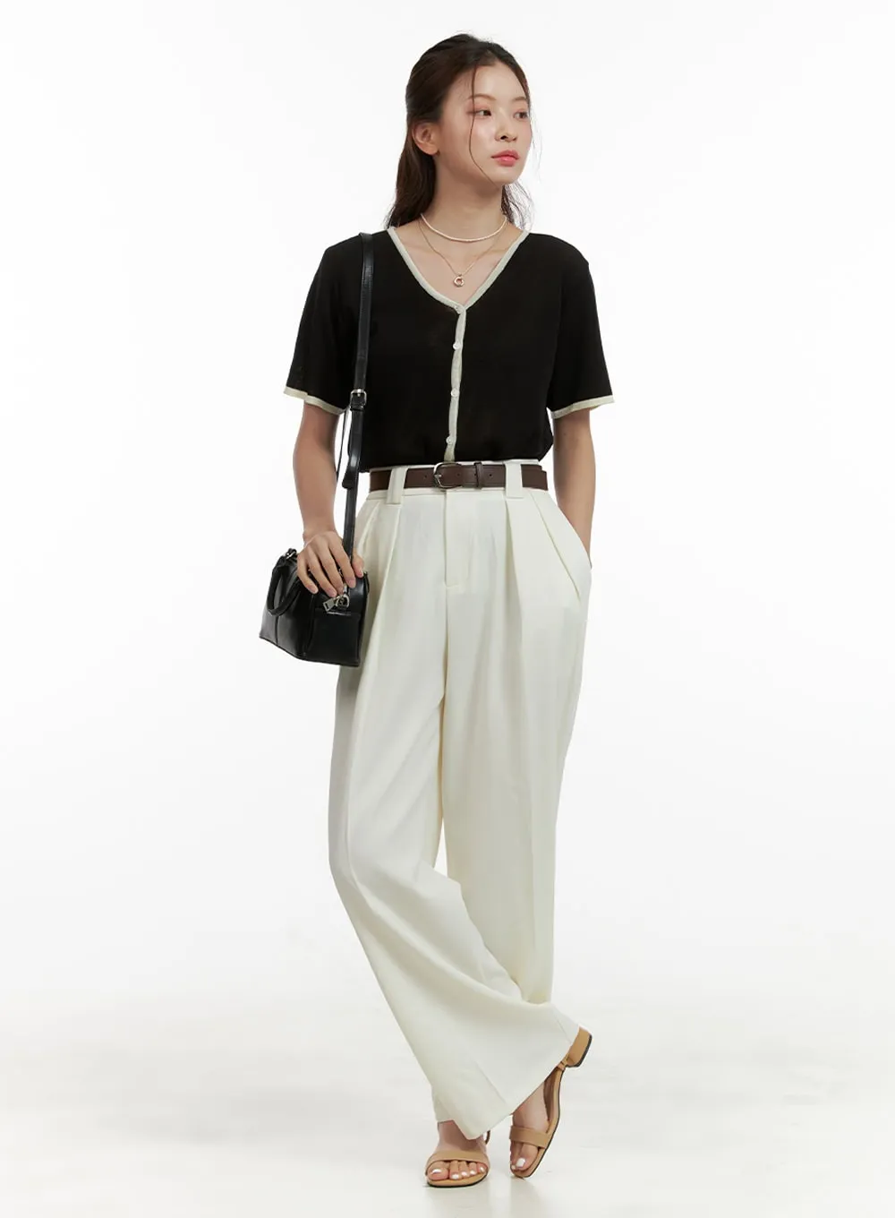 Pintuck Belted Wide Leg Tailored Pants OU411