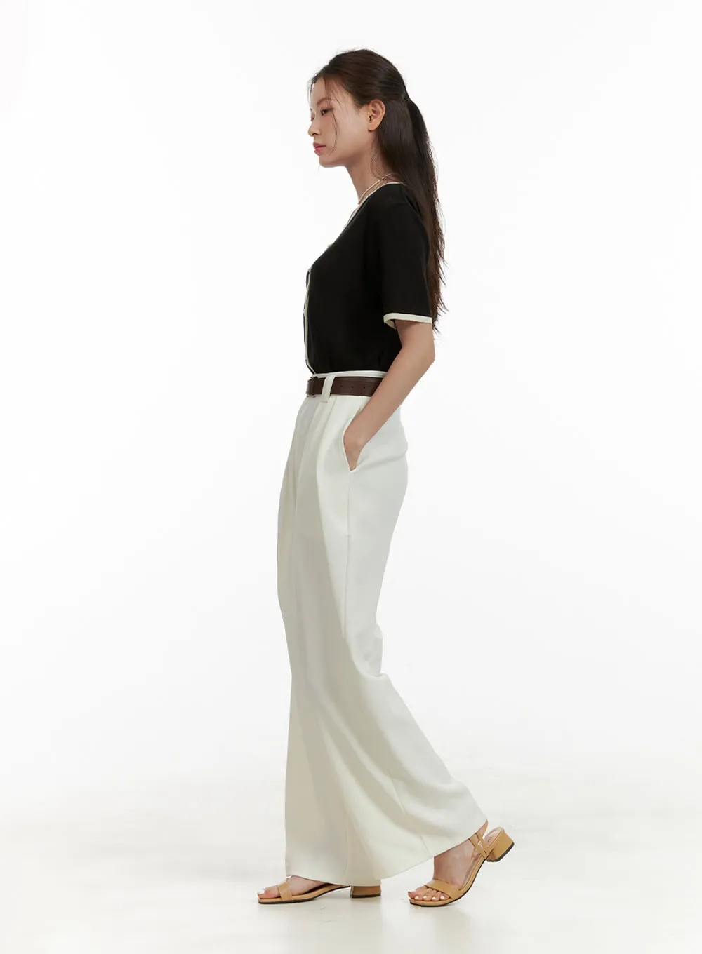 Pintuck Belted Wide Leg Tailored Pants OU411