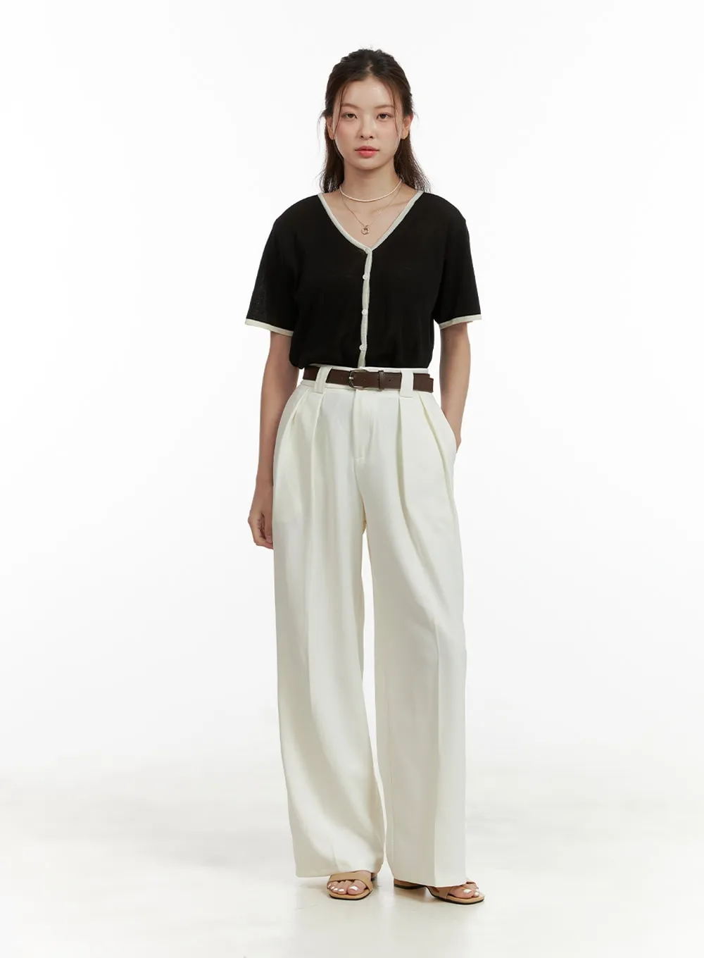 Pintuck Belted Wide Leg Tailored Pants OU411