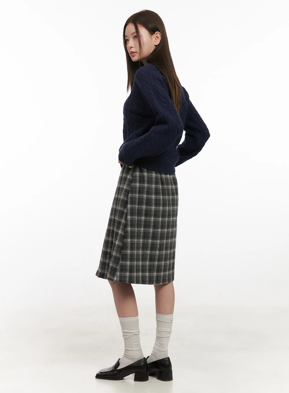 Plaid Wool-Blend Midi Skirt OD412