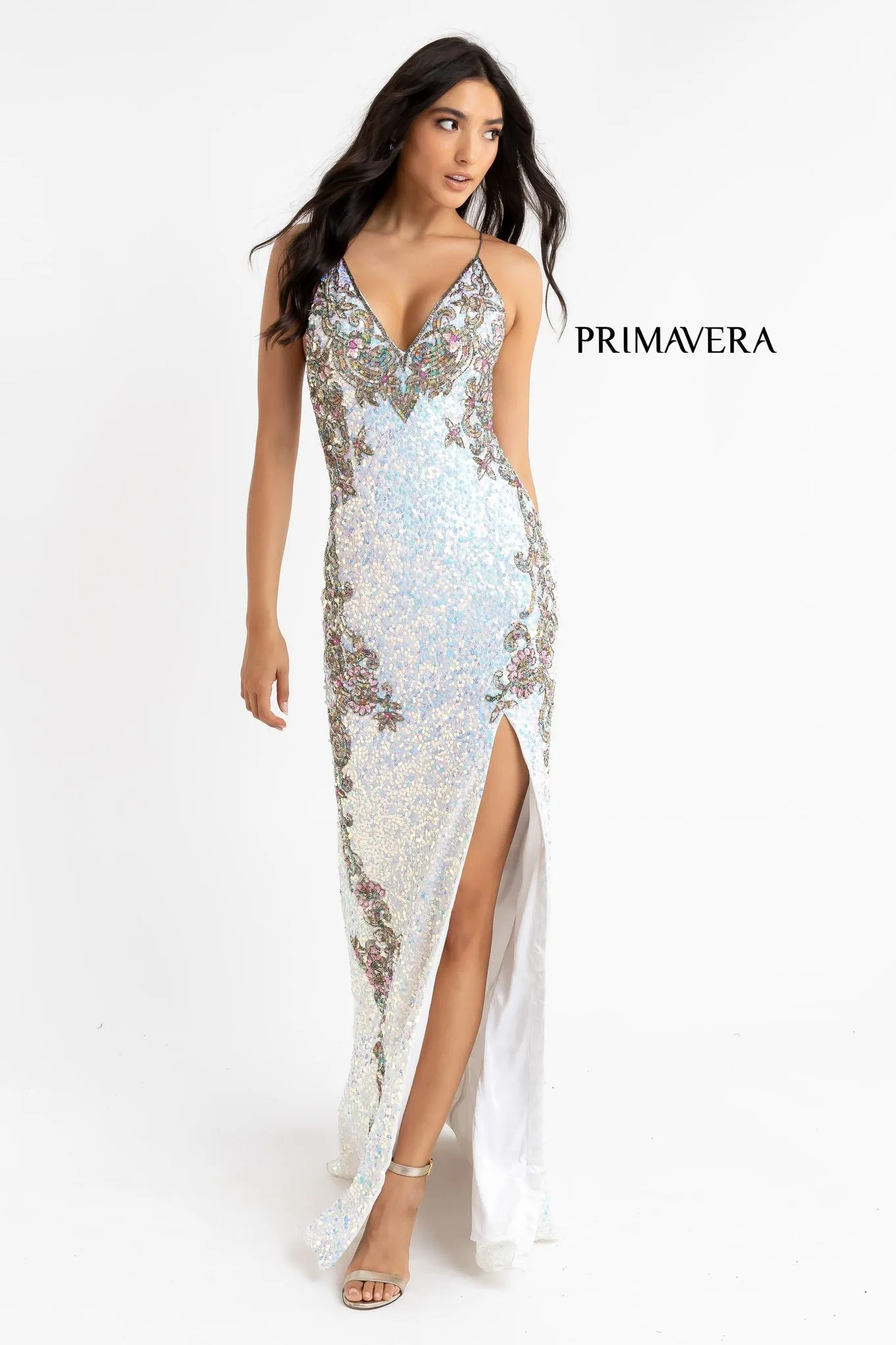 Primavera Couture 3211 Size 2, 12 Ivory Sequin Prom Dress Pageant Gown Evening Formal Wear Side Slit