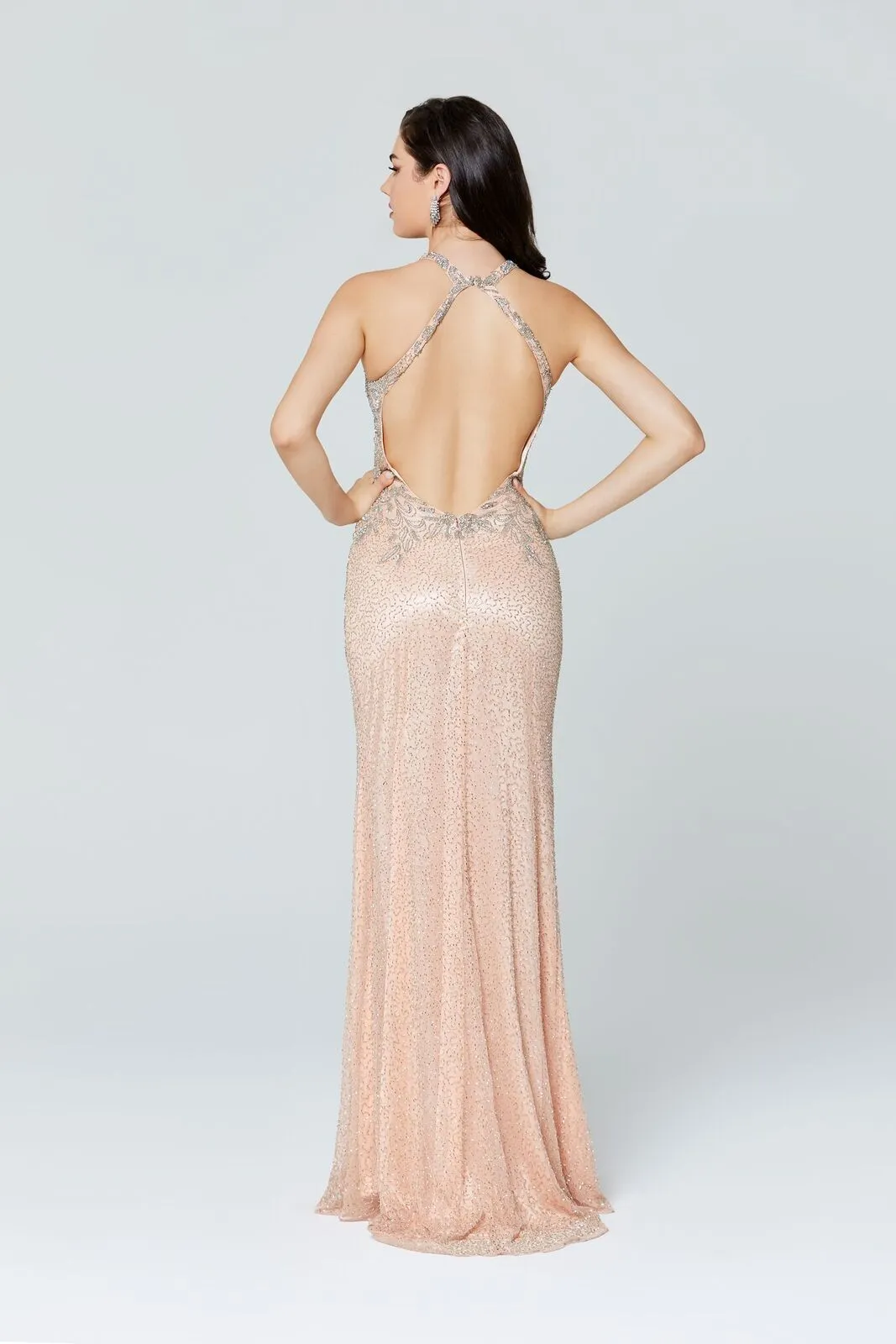 Primavera Couture 3409 Size 2 Blush Embellished High Neck Prom Dress Slit Beaded Long