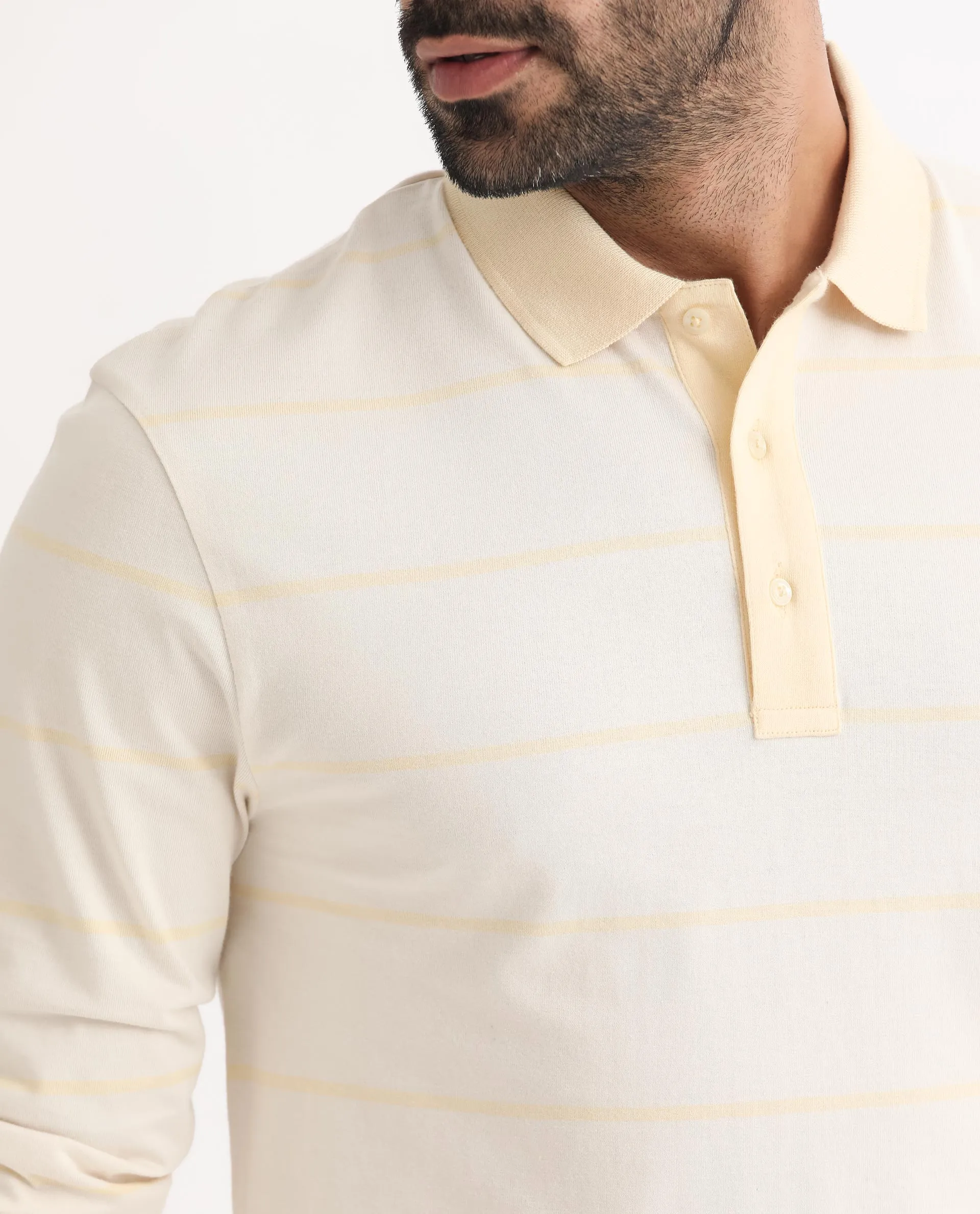 Rare Rabbit Men's Clove Off White Cotton Fabric Collared Neck Full Sleeves Striped Polo T-Shirt