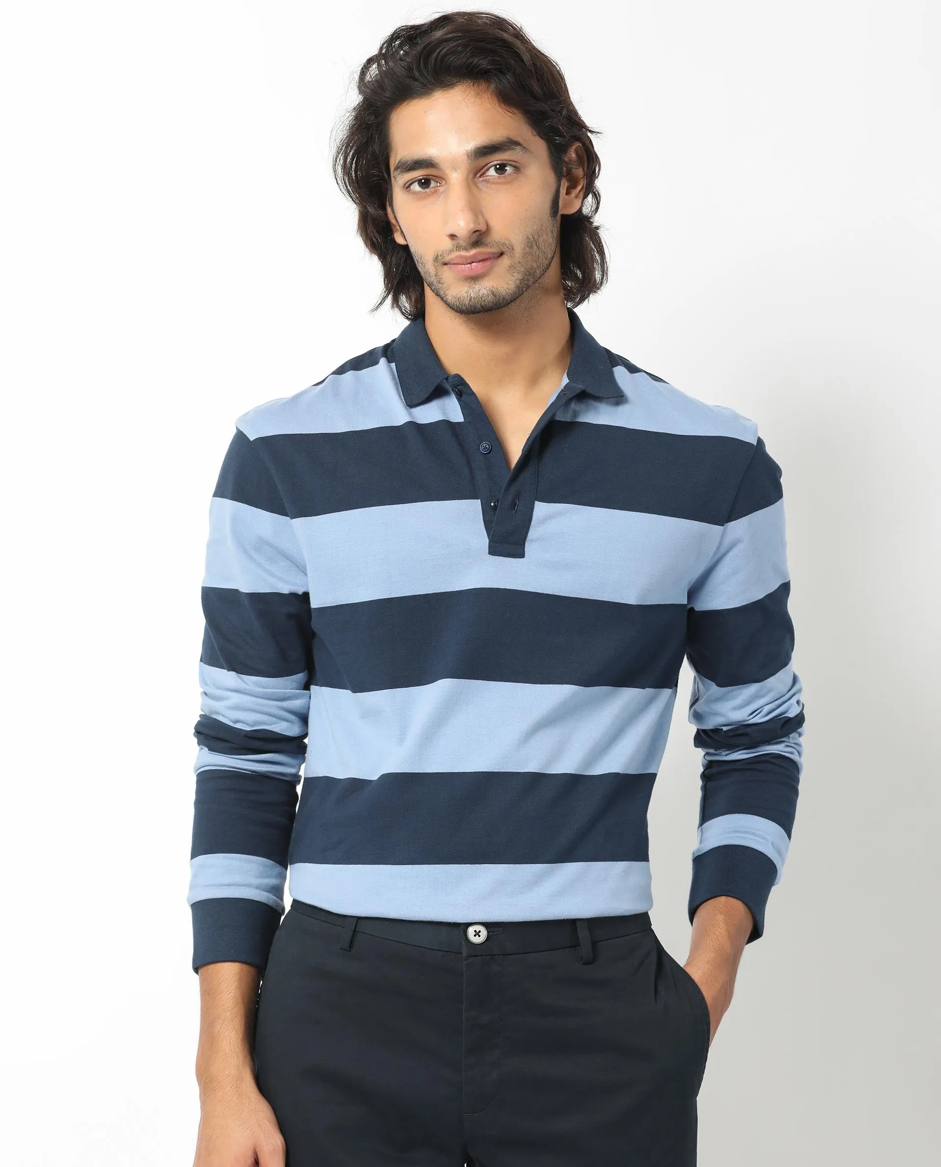 Rare Rabbit Men's Karen Dusky Blue Collared Neck Full Sleeves Striped Polo T-Shirt