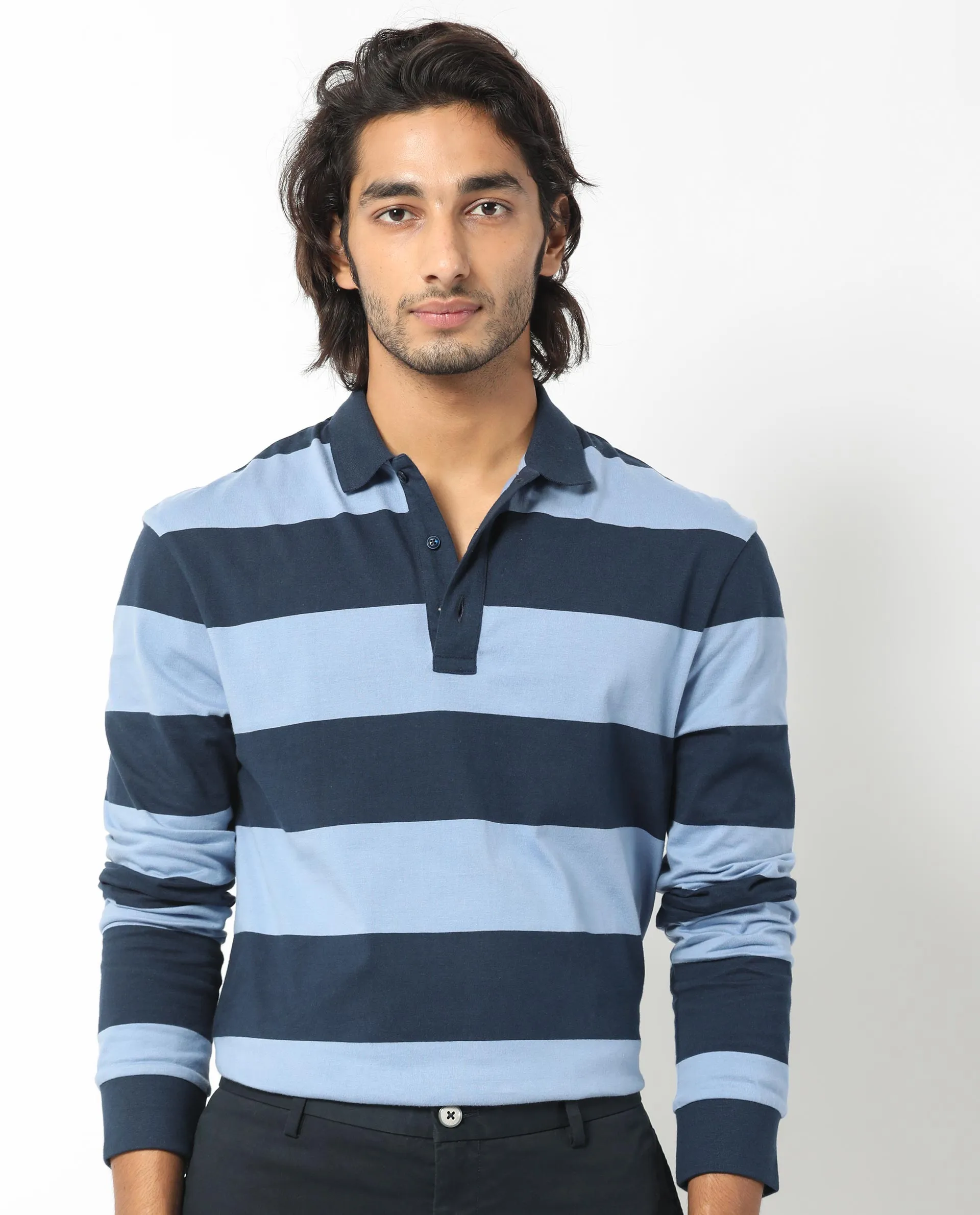 Rare Rabbit Men's Karen Dusky Blue Collared Neck Full Sleeves Striped Polo T-Shirt