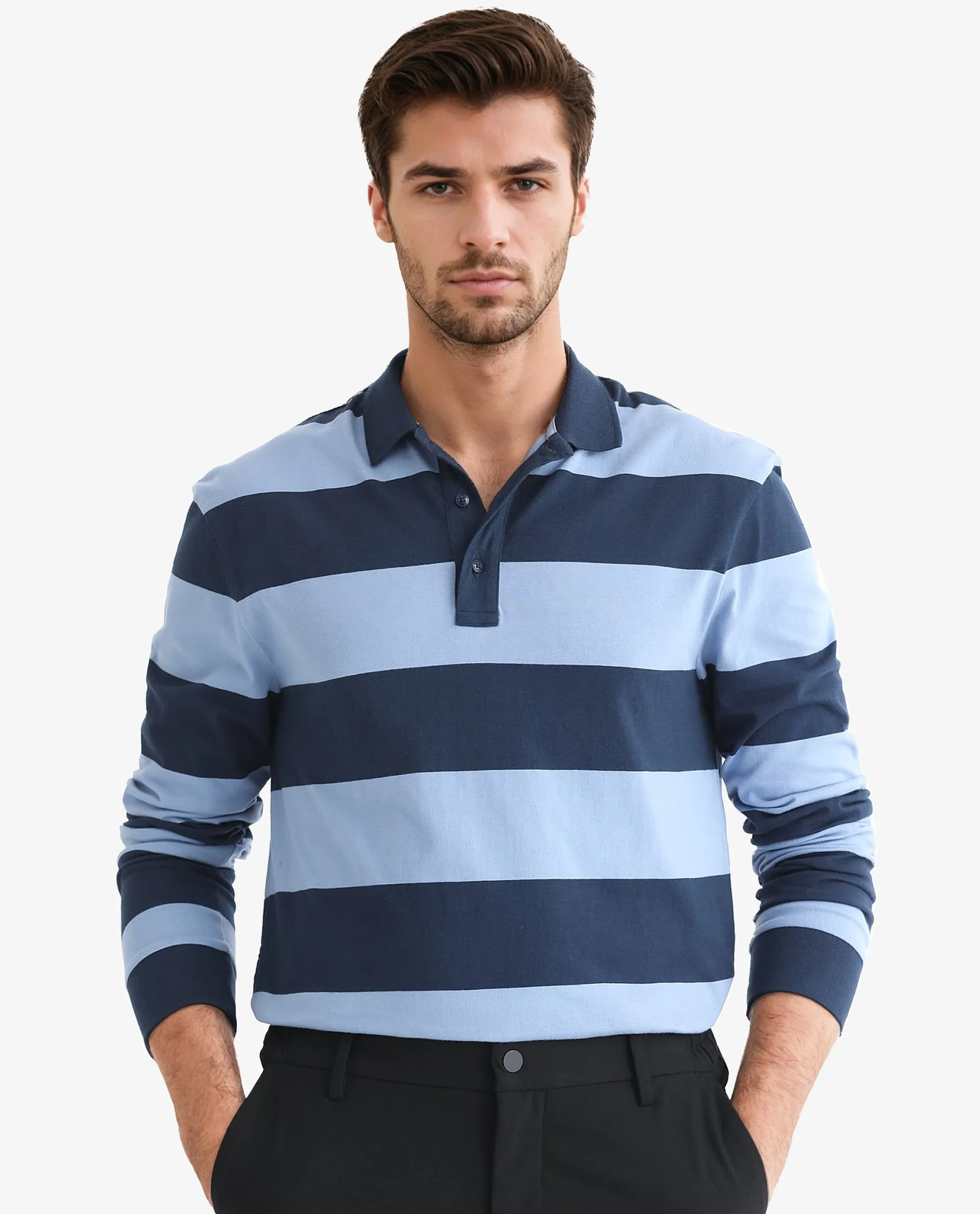 Rare Rabbit Men's Karen Dusky Blue Collared Neck Full Sleeves Striped Polo T-Shirt