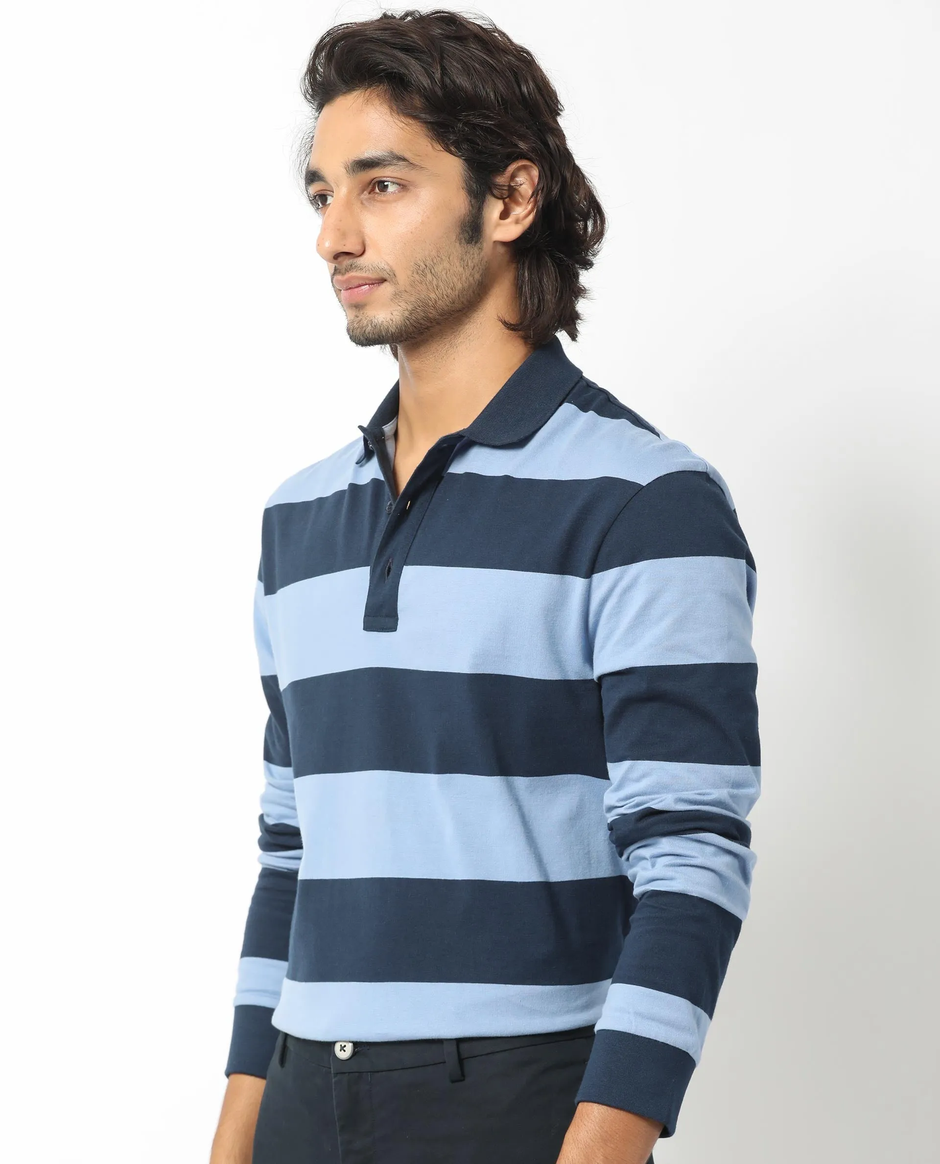 Rare Rabbit Men's Karen Dusky Blue Collared Neck Full Sleeves Striped Polo T-Shirt