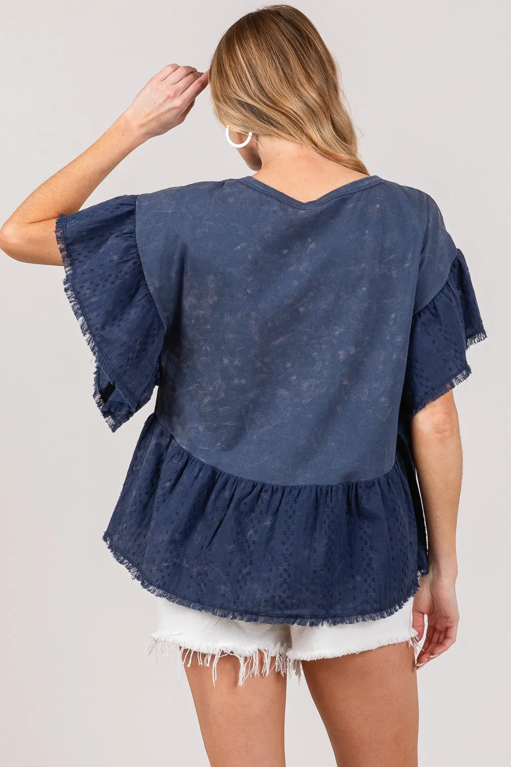 Ruffle Sleeve Washed Short Sleeve Blouse