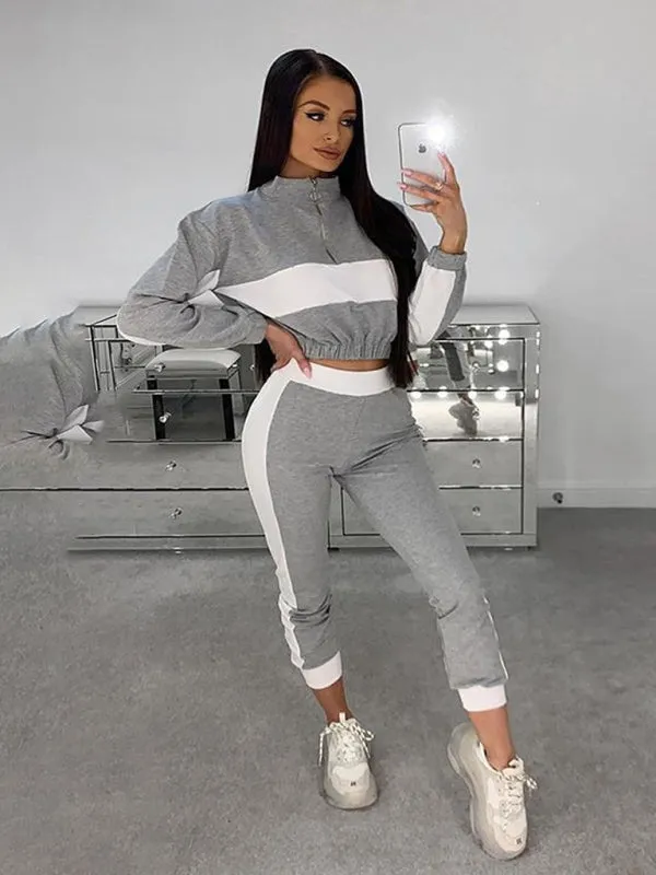 Sporty Colorblock Crop Zip-Up Sweatshirt and Pencil Sweatpants