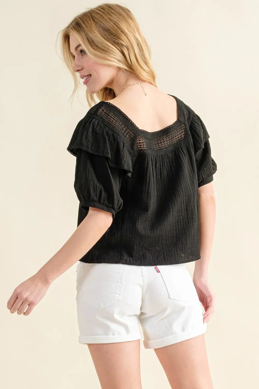 Square Neck Cotton Gauze Ruffled Blouse