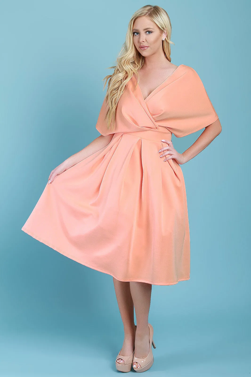 Surplice V-Neck Kimono Sleeves Midi Dress